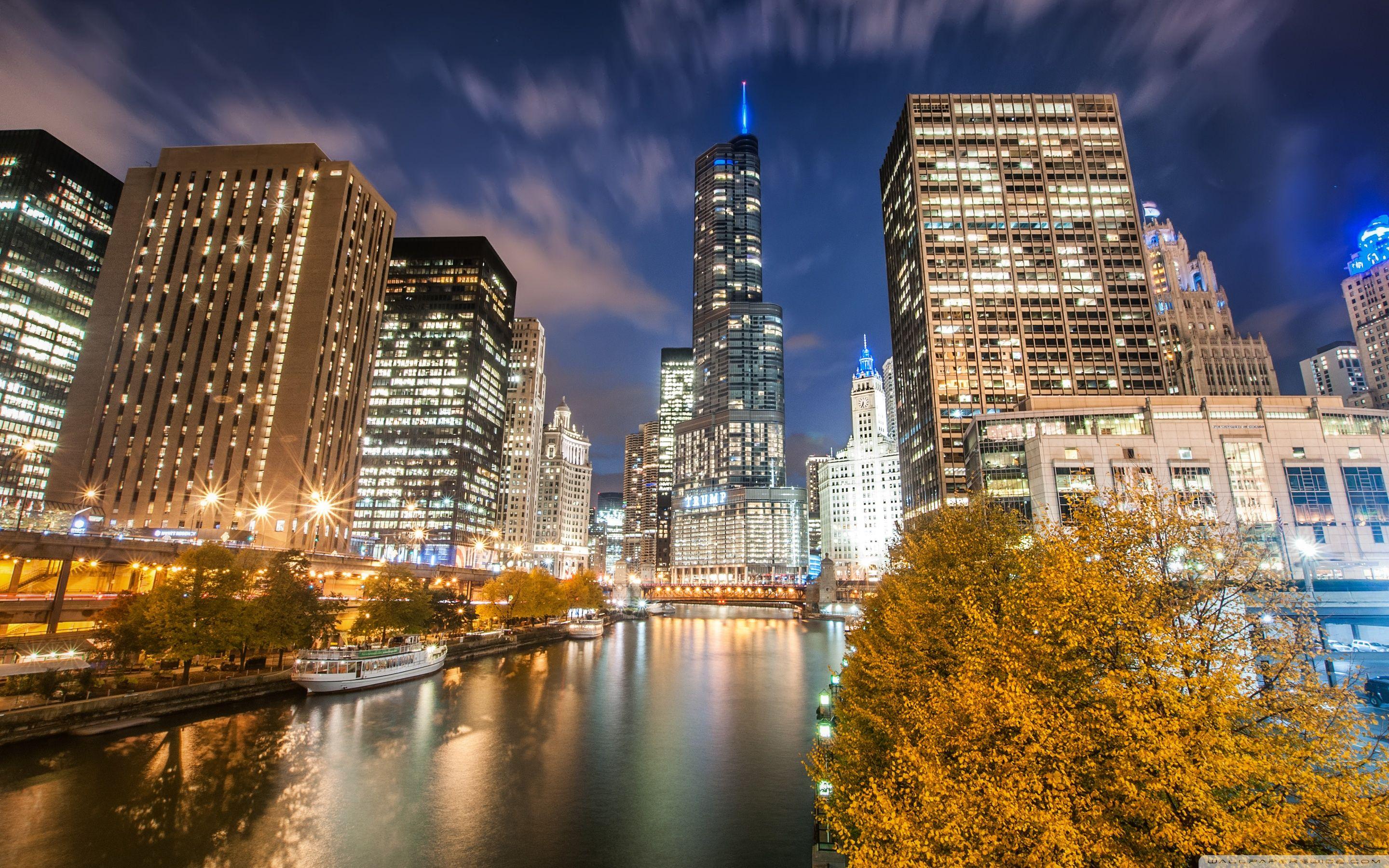 2880x1800 Download Chicago River, Night, Autumn UltraHD Wallpaper