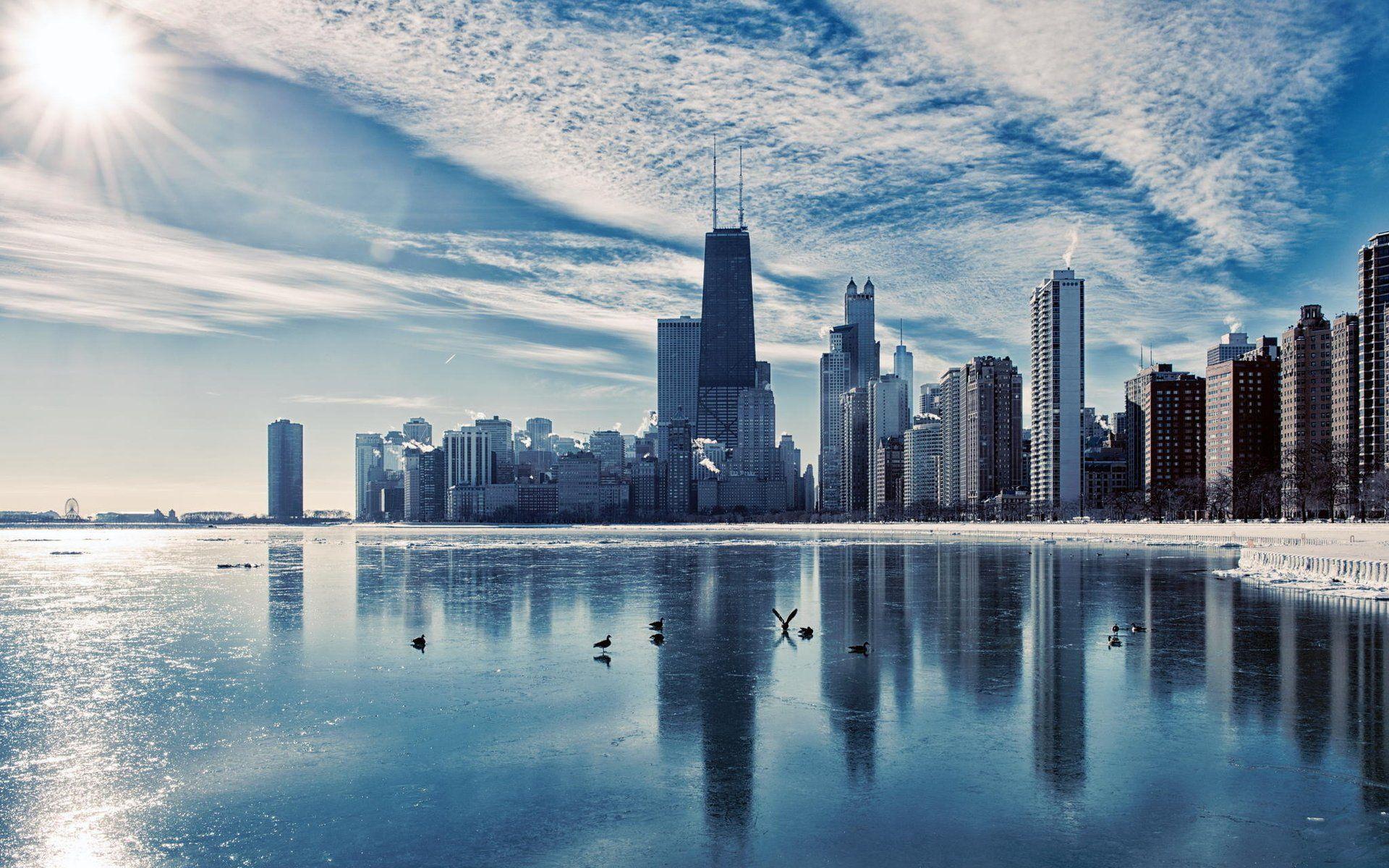 1920x1200 Night chicago river skyscrapers city illinois winter wallpaperx1200