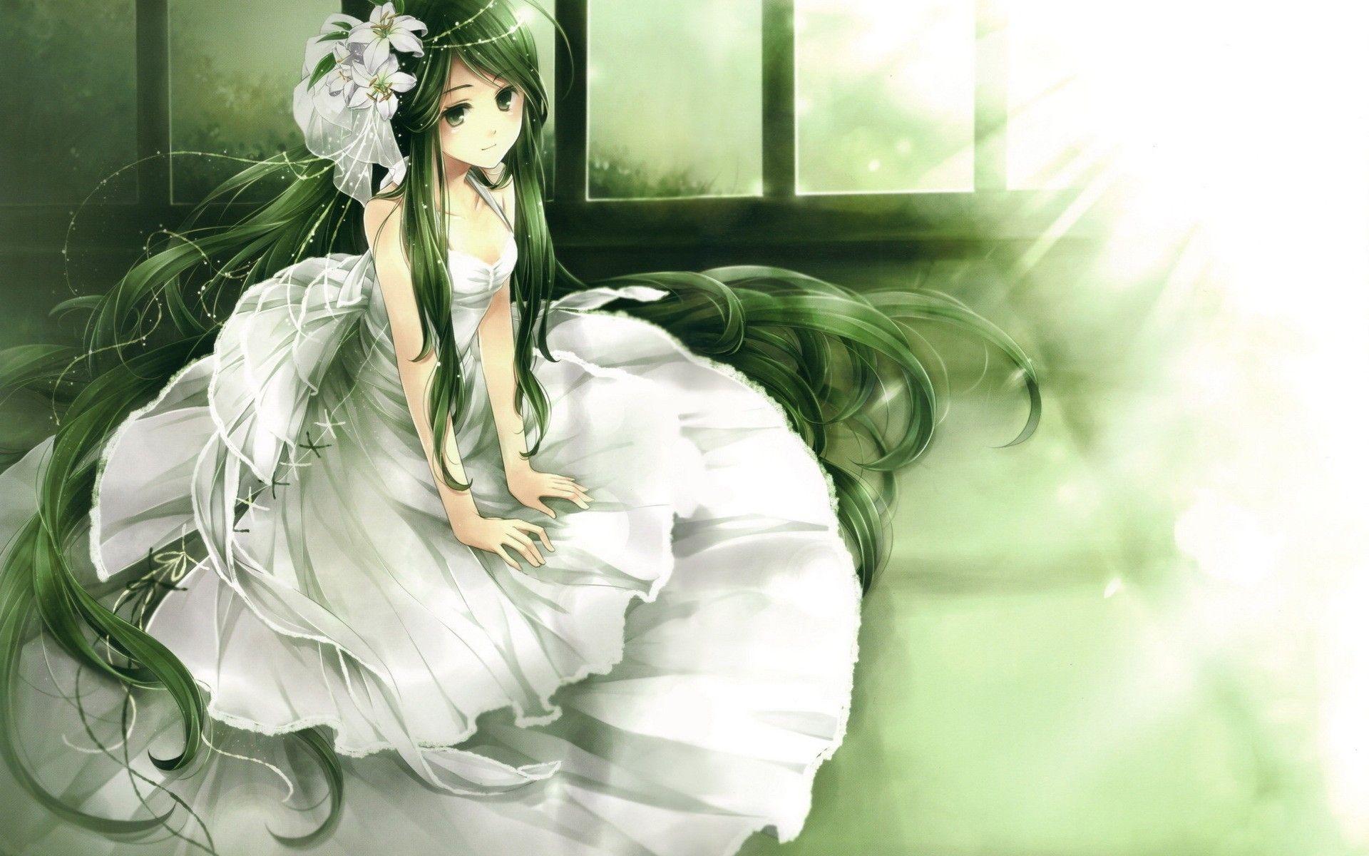 1920x1200 anime girl dress. dress, flowers, long hair, green hair, white dress, anime girls. Drawing anime. Anime princess, Anime, Anime green hair