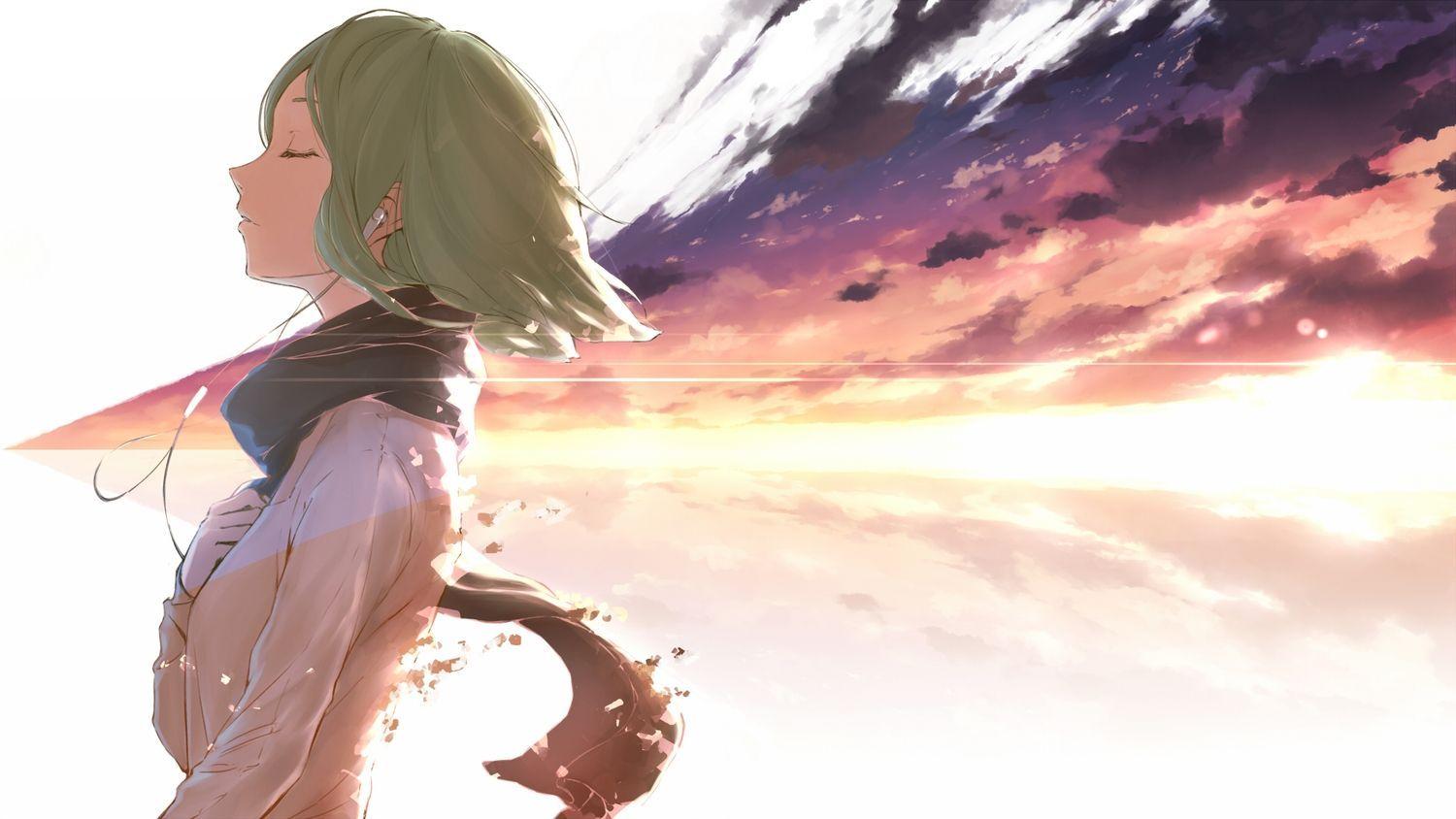 1500x844 clouds green hair gumi headphones minamito scarf short hair vocaloid. konachan.com.com Anime Wallpaper. Female anime, Vocaloid, Anime wallpaper