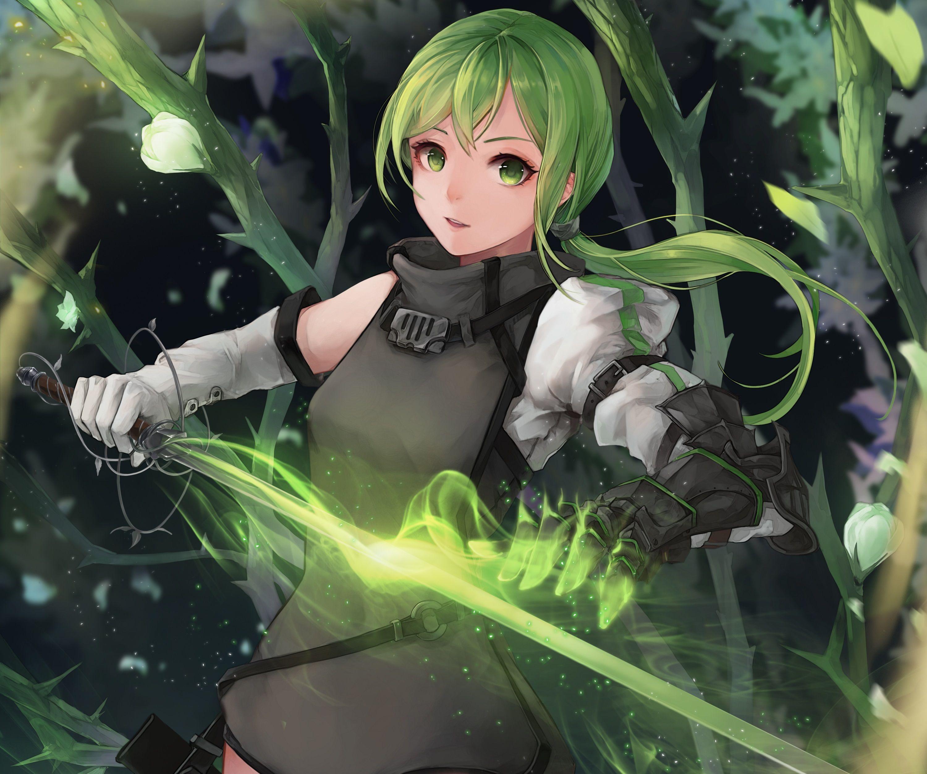 3000x2504 Flower Gauntlet Green Eyes Green Hair Long Hair Magic Smile Sword Wallpaper:3000x2504