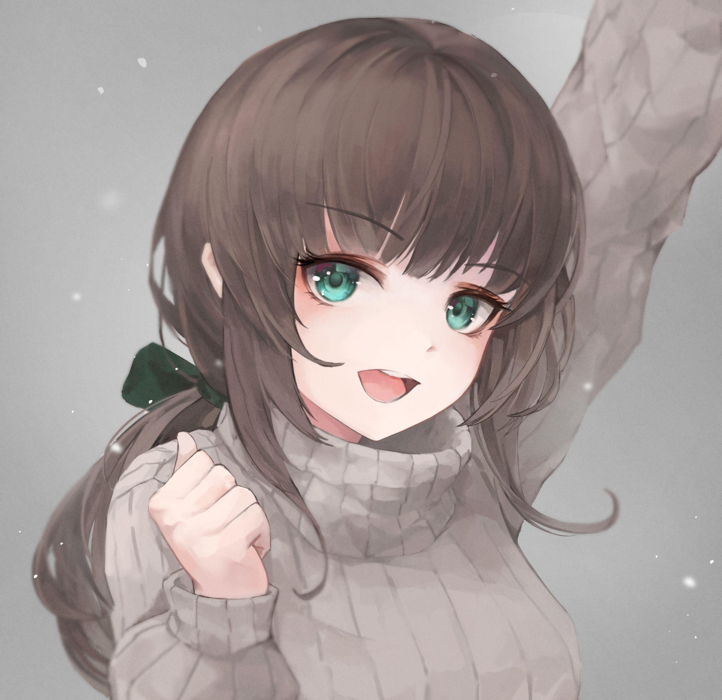 2416x2344 Cute Anime Girl with Brown Hair and Green Eyes .