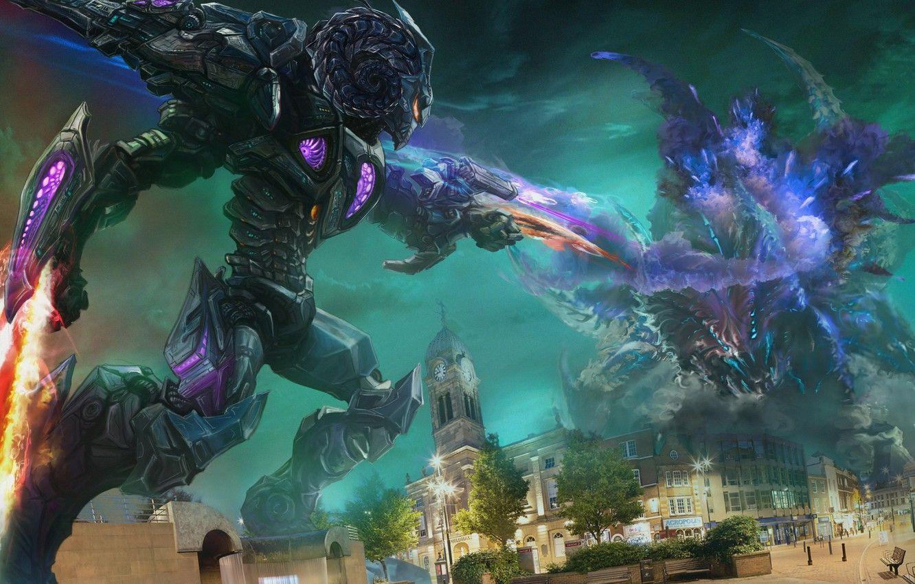 1332x850 Wallpaper night, the city, battle, art, pacific rim, gull, jaeger image for desktop, section фантастика