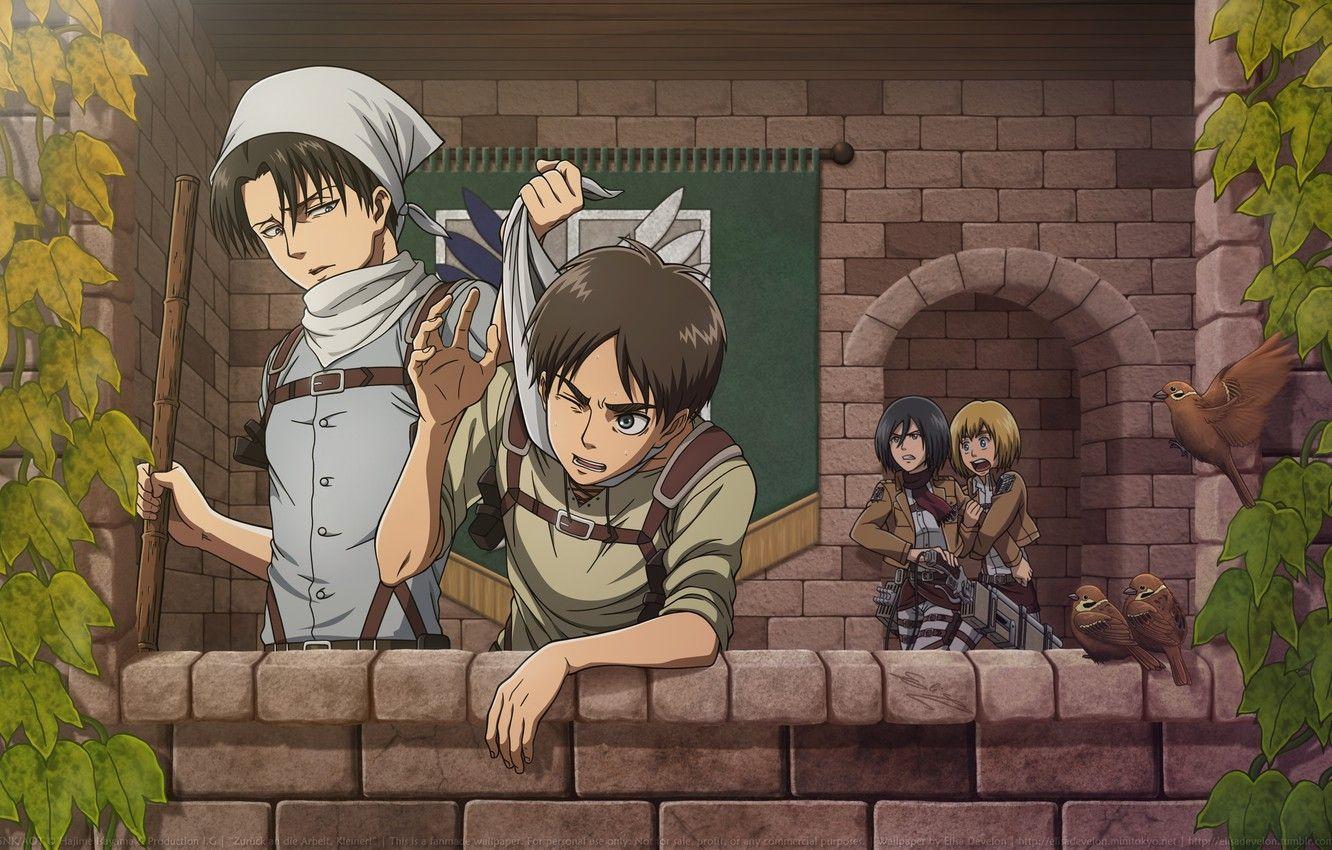 1332x850 Wallpaper emotions, balcony, shawl, art, military uniform, sparrows, ivy, straps, fight, Shingeki no Kyojin, Mikasa Ackerman, Levi, Eren Yeager, Armin Arlert, The Invasion Of The Giants, Hajime Isayama image for desktop, section