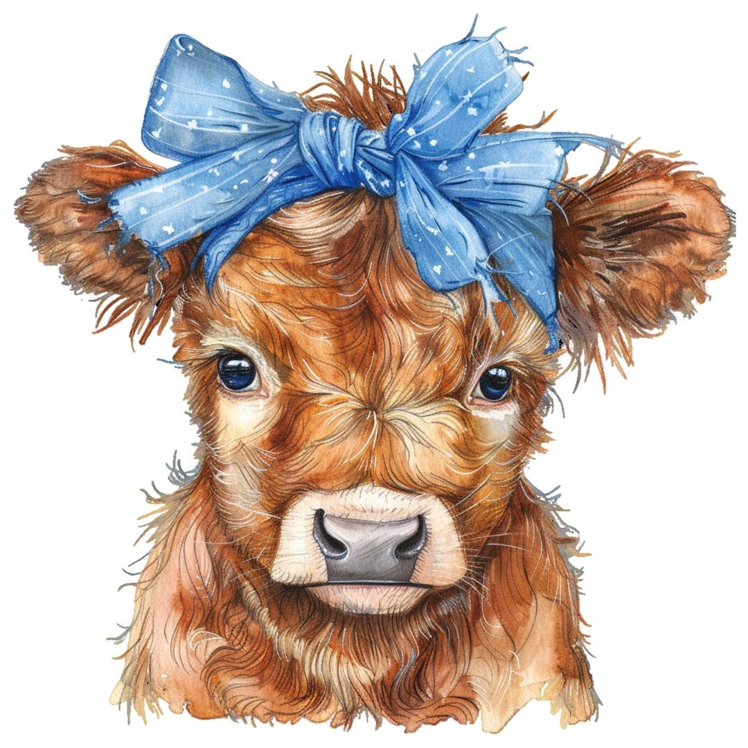 1080x1080 Baby Highland Cow With BLUE Bow 1 PNG