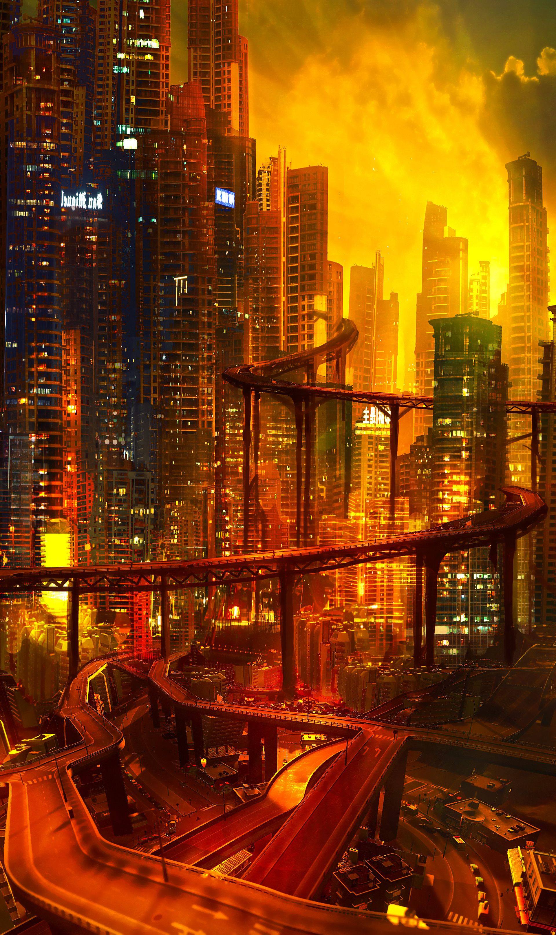 1920x3228 Phone wallpaper: Cyberpunk, Future, Art, Lights, Night, Architecture, City, Road Junction 94287