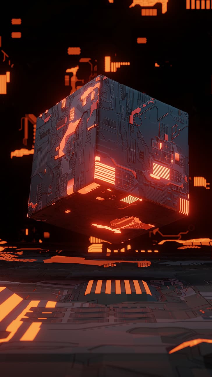 728x1294 HD wallpaper: red, black, orange, science fiction, tech, technology, cube