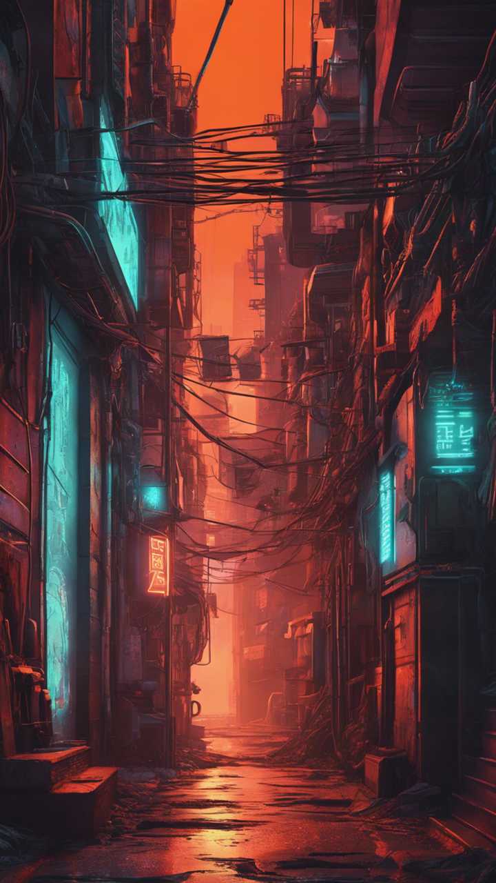 720x1280 A gloomy alleyway of a cyberpunk city, illuminated by fiery orange lights. Wallpaper [1e217a85d05445fba90d]