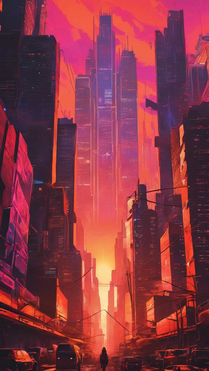 720x1280 An ominous skyline dominated by massive skyscrapers under an orange setting sun in a cyberpunk world. Wallpaper [1fad73be33ea4c69b020]