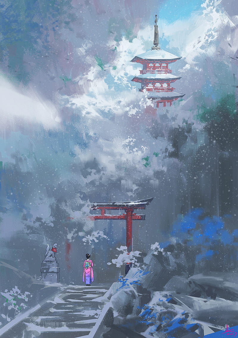 800x1134 Anime landscape, shrine, anime girl, kimono, winter, Anime, HD phone wallpaper