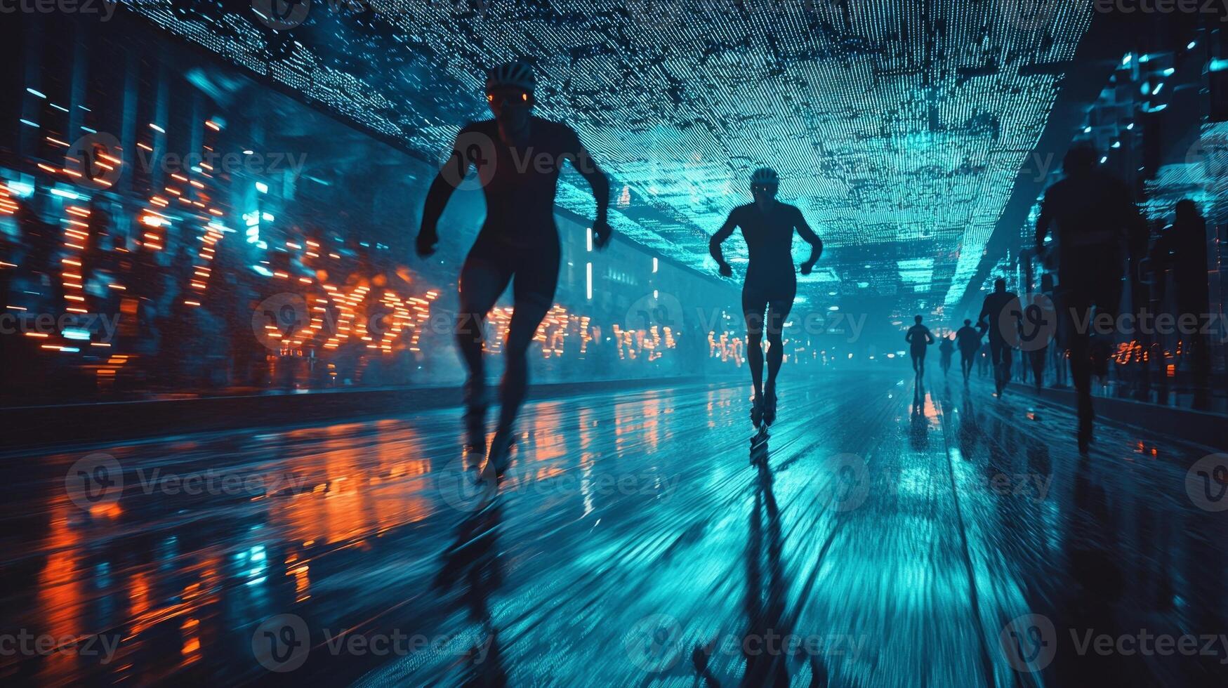 1749x980 Two speed skaters stretch their blades forward in exhilarating finish line moment milliseconds separating them. glowing timing board underscores race's intensity