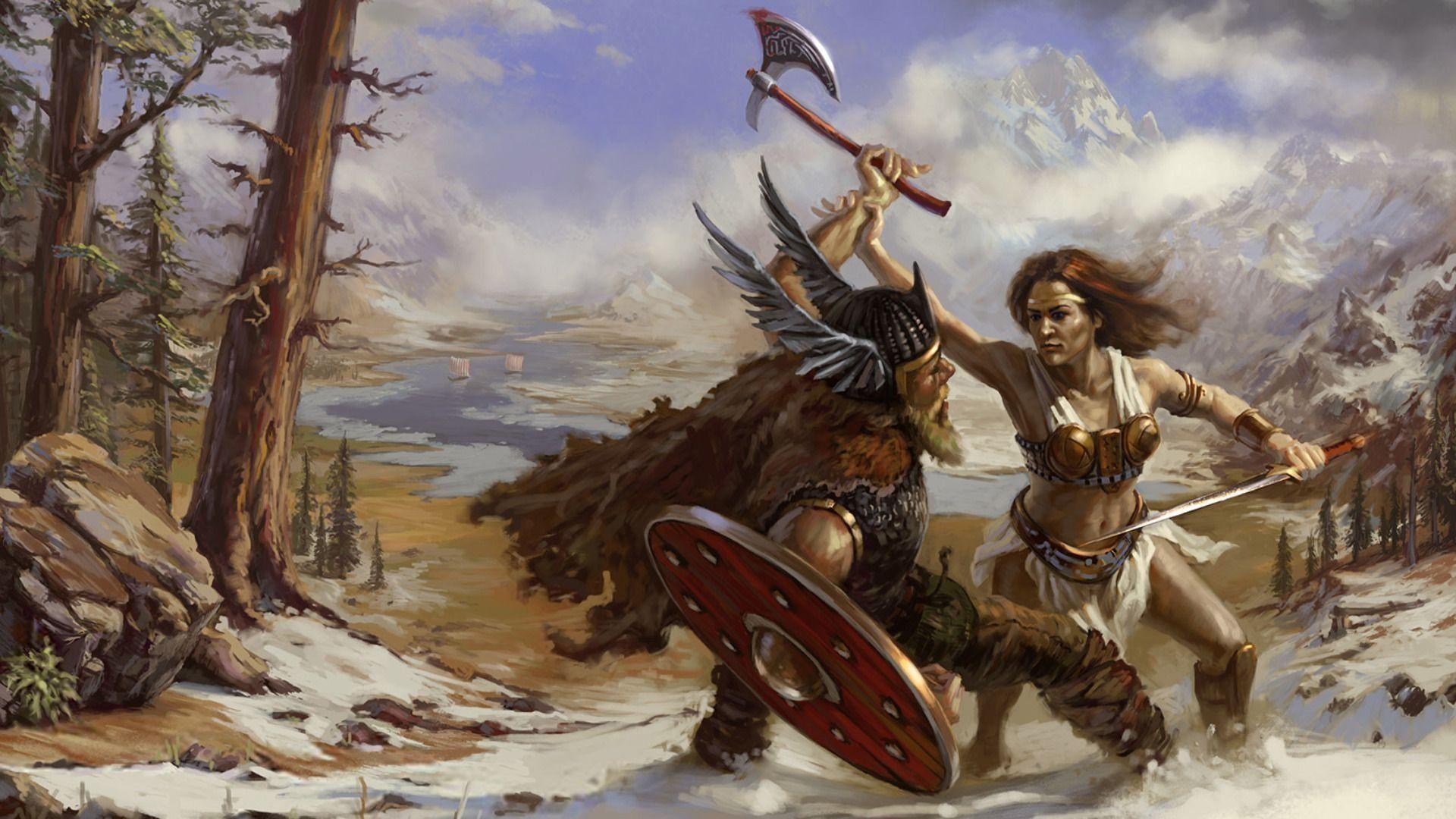 1920x1080 viking axe helmet shield girl warrior fury battle nature HD wallpaper