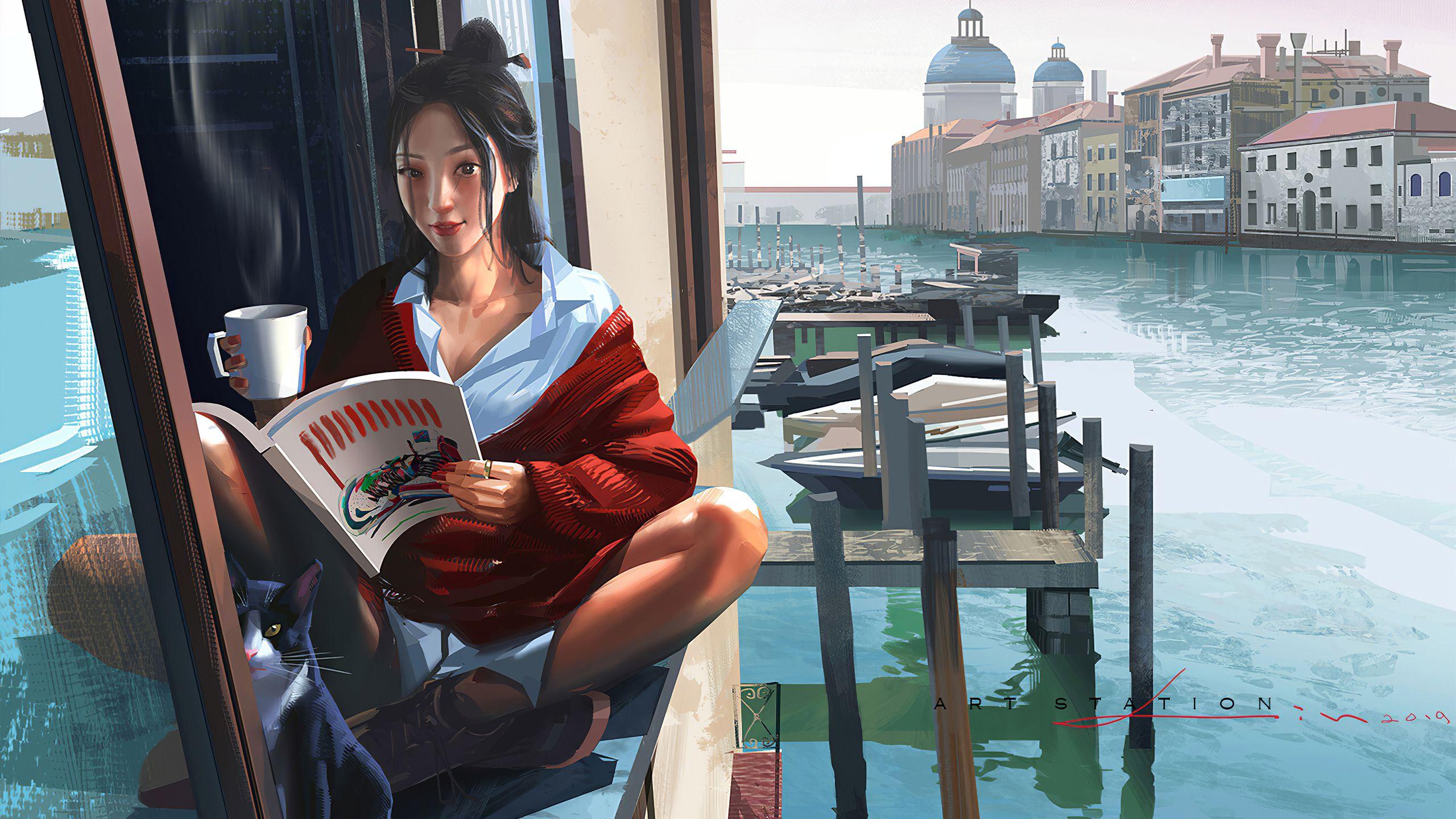 2560x1440 Enjoying Coffee And Reading Book 4k 1440P Resolution HD 4k Wallpaper, Image, Background, Photo and Picture