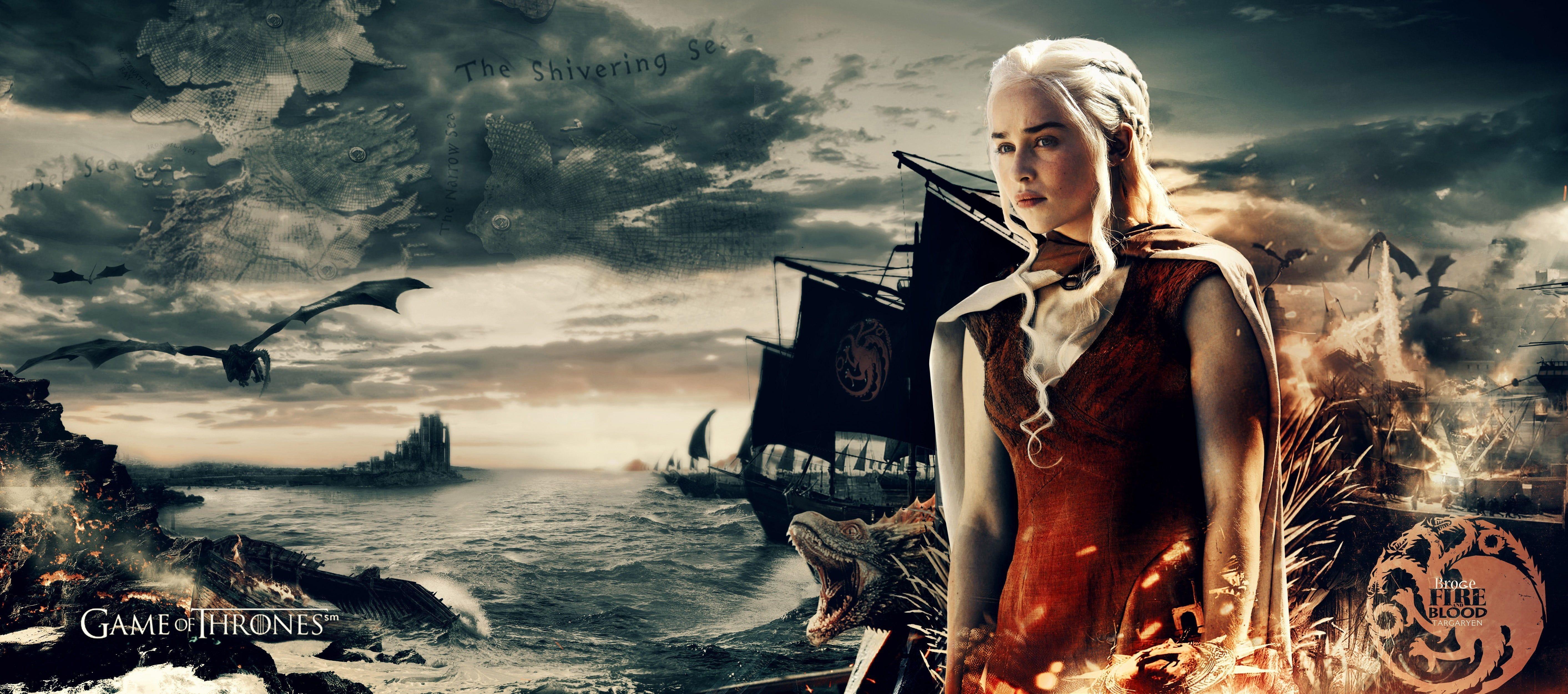 5651x2500 Daenerys Targaryen Game of Thrones #war #boat #map #sea #TV tv series Daenerys Targaryen #dragon. Gaming wallpaper hd, Dual monitor wallpaper, Gaming wallpaper