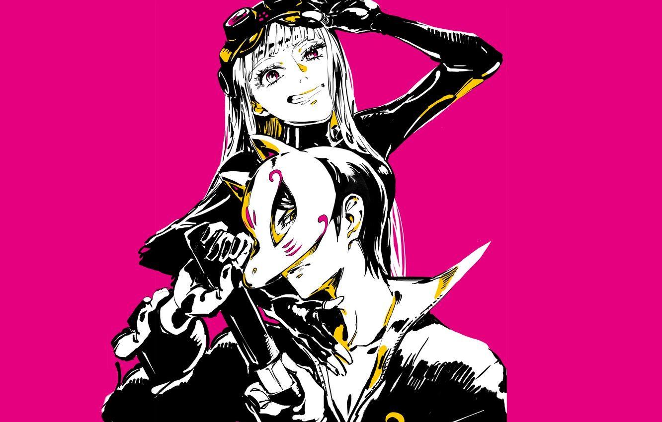 1332x850 Wallpaper girl, mask, art, guy, pink background, Person Futaba Sakura, Yusuke Kitagawa image for desktop, section сёнэн