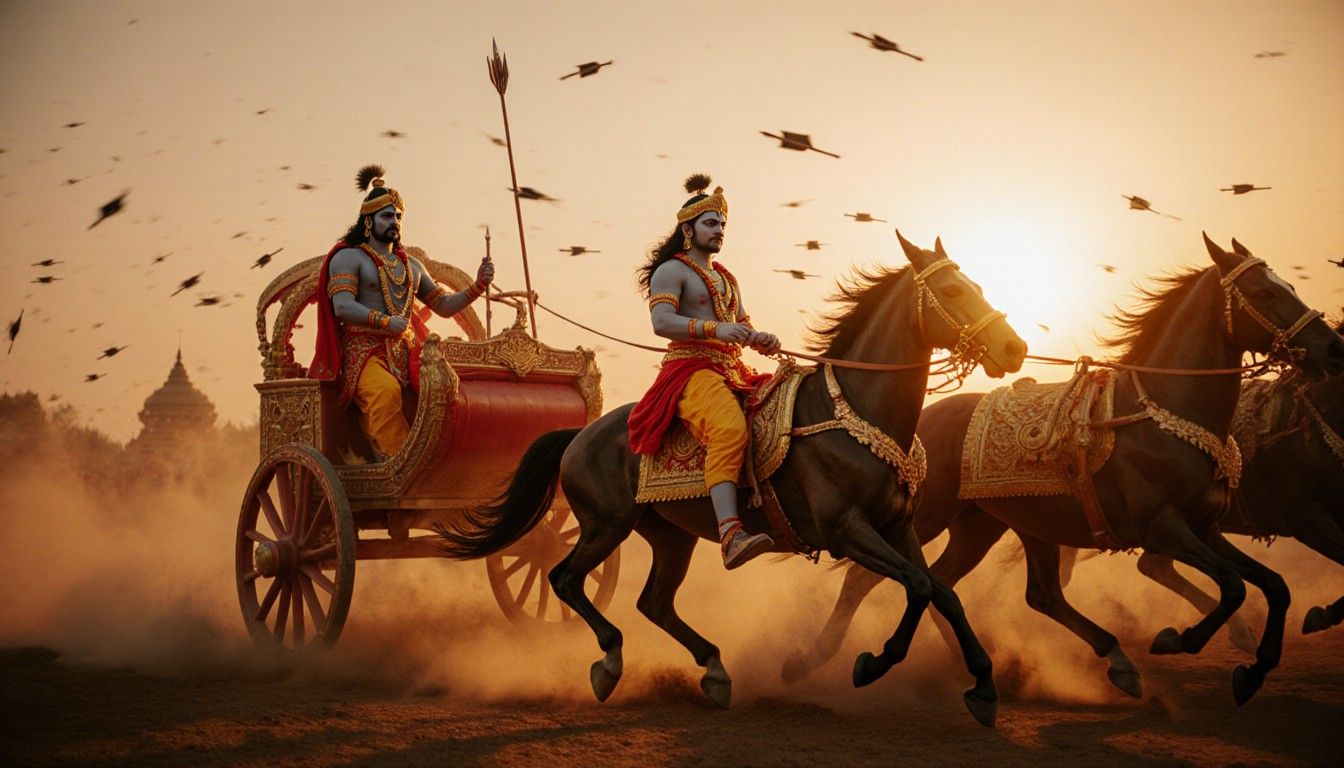 1344x768 Krishna and Arjuna in Kurukshetra. Stable Diffusion Online