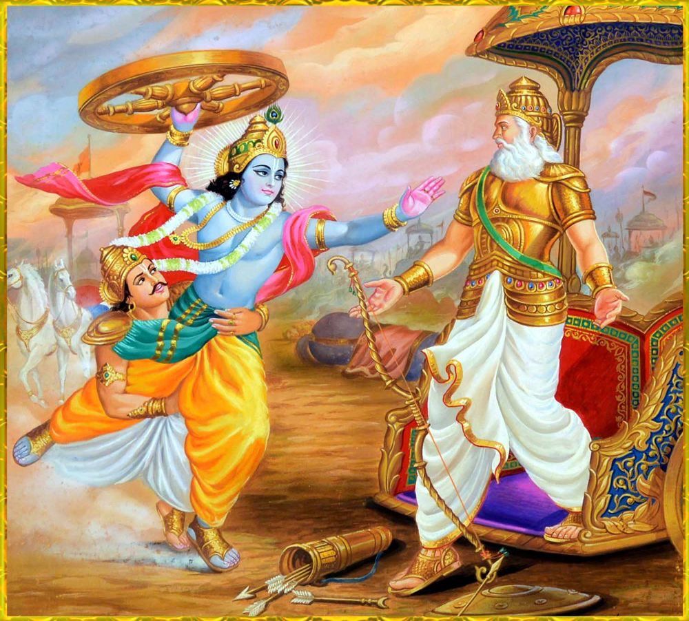 1000x902 Krishna : I will not pick any weapon in kurukshetra Bhisma : I will make keshav to pick the weapon Krishna picks up the weapon, showing that to protect his devotee, he