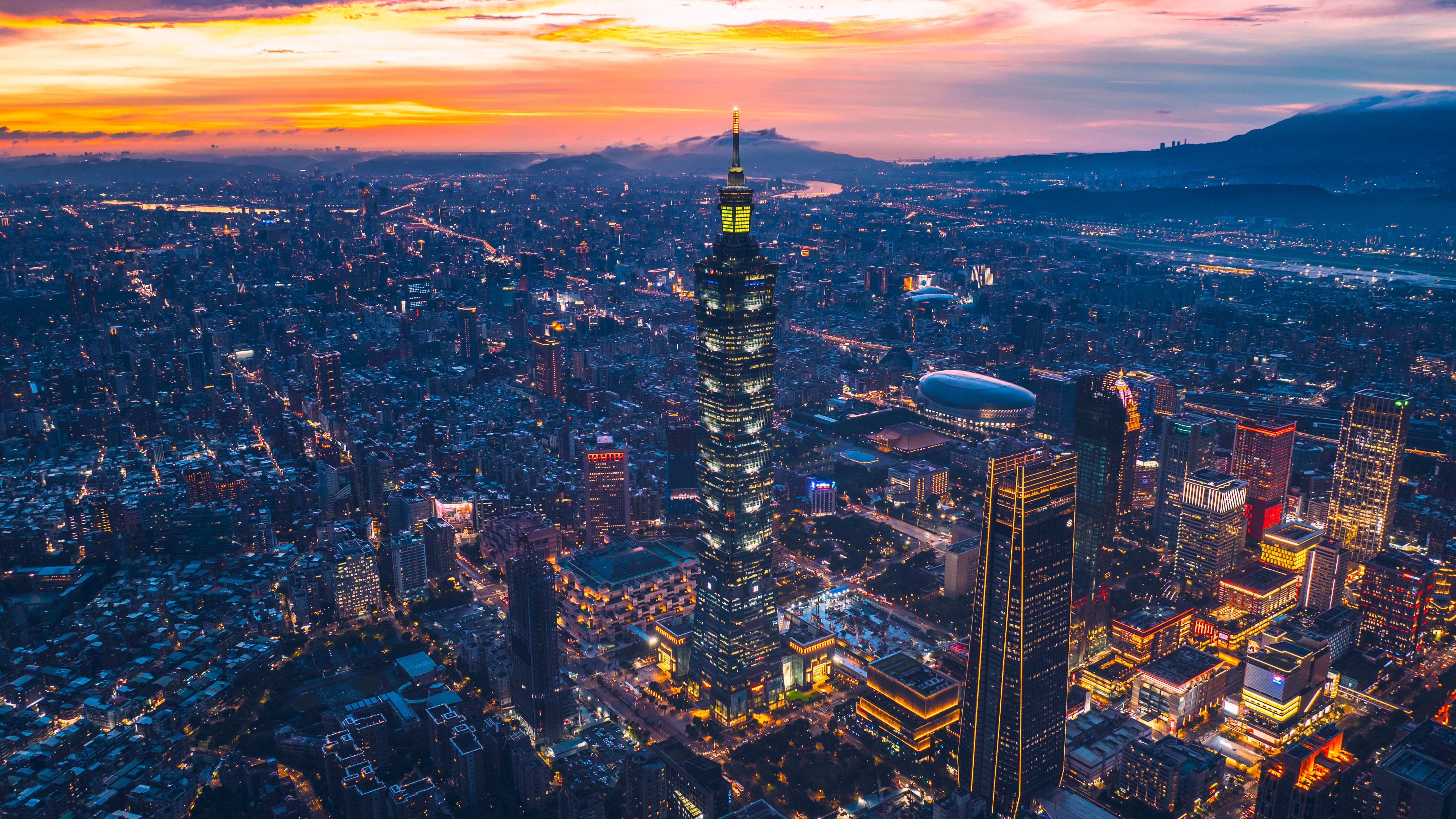 5120x2880 Wallpaper sunset, Taiwan, Taipei skyscapers, city, Taipei, lights for mobile and desktop, section город, resolution 5120x2880