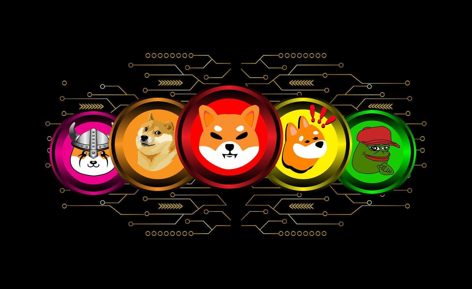 1600x980 the best of meme coin crypto currency logo. dogecoin, shiba inu, floki inu, bonk coin, pepe coin