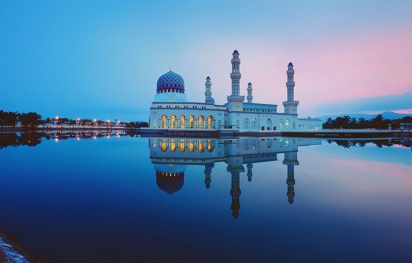 1332x850 Wallpaper clouds, sunset, reflection, mirror, twilight, Malaysia, Likas Bay, Kota Kinabalu city Mosque, sand road, the Likas mosque, Sabah image for desktop, section пейзажи