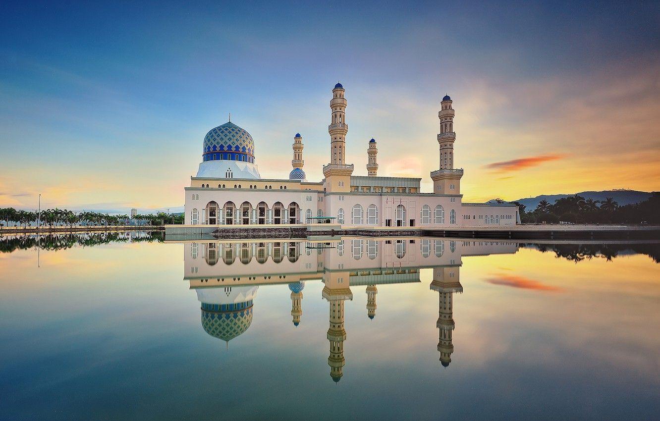 1332x850 Wallpaper clouds, reflection, morning, mirror, Malaysia, Likas Bay, Kota Kinabalu city Mosque, sand road, the Likas mosque, Sabah image for desktop, section город