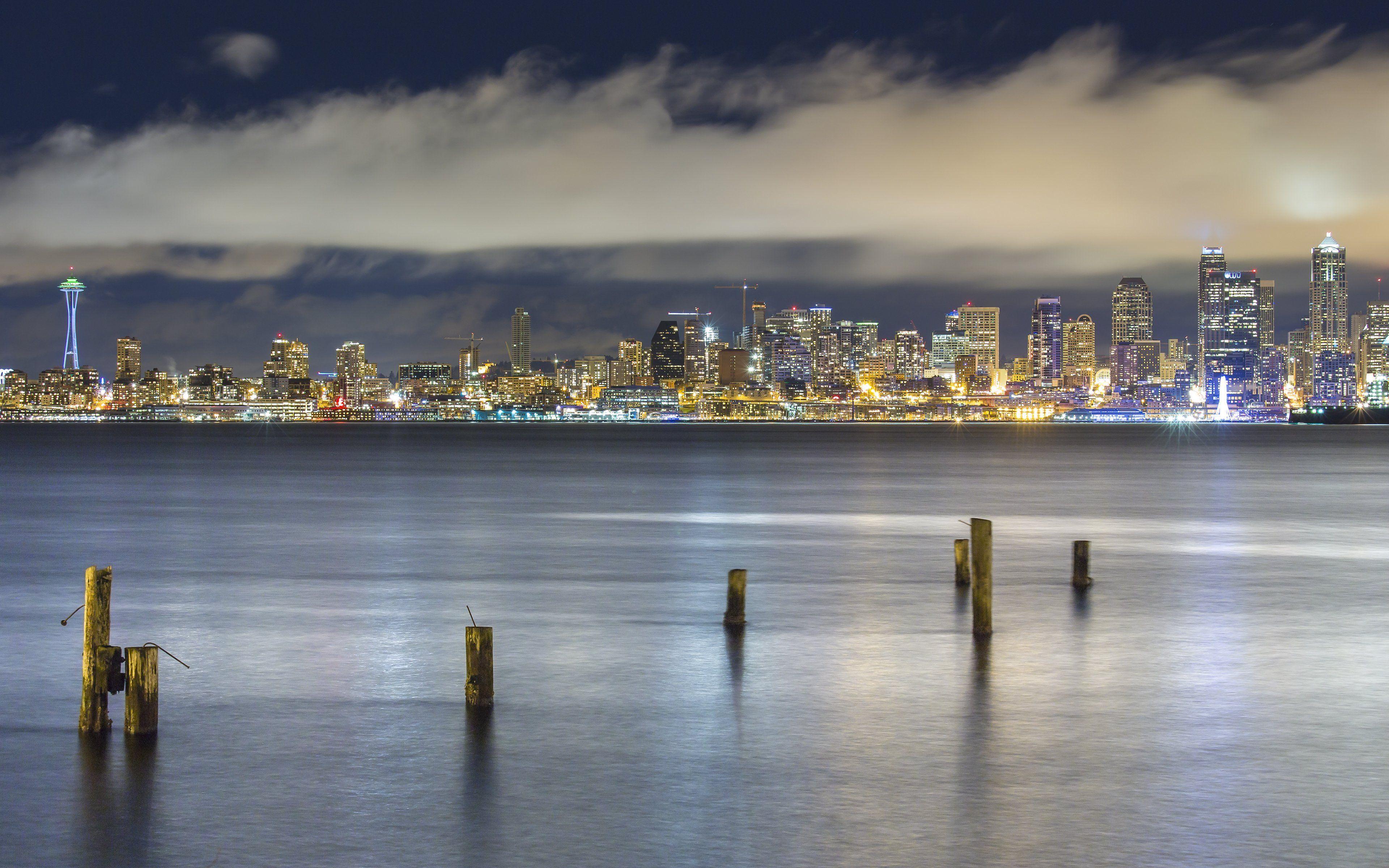 3840x2400 seattle, Washington, Puget, Sound, Night, City Wallpaper HD / Desktop and Mobile Background
