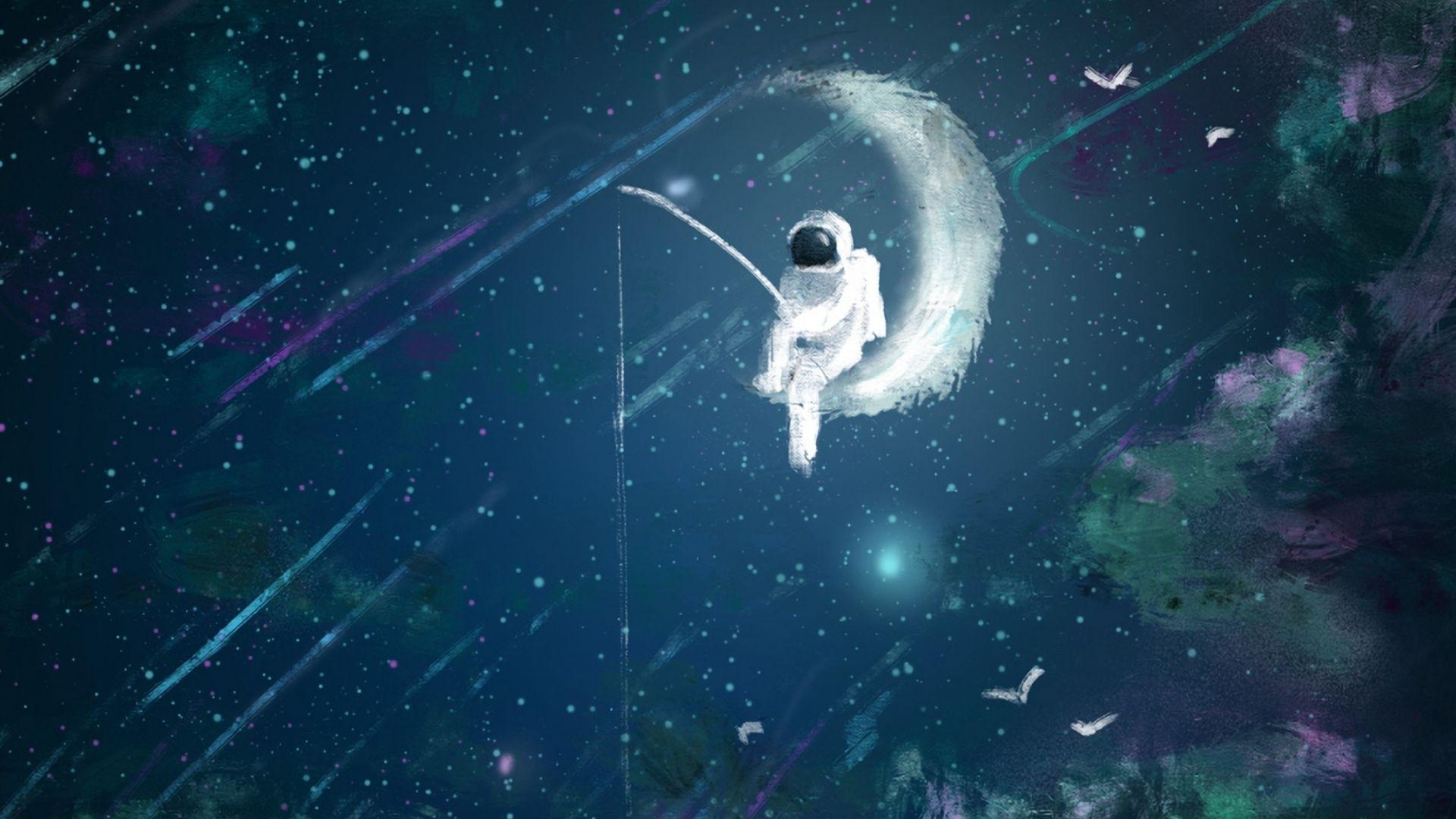 1920x1080 Desktop wallpaper artwork, astronaut, moon, fishing, HD image, picture, background, d86034