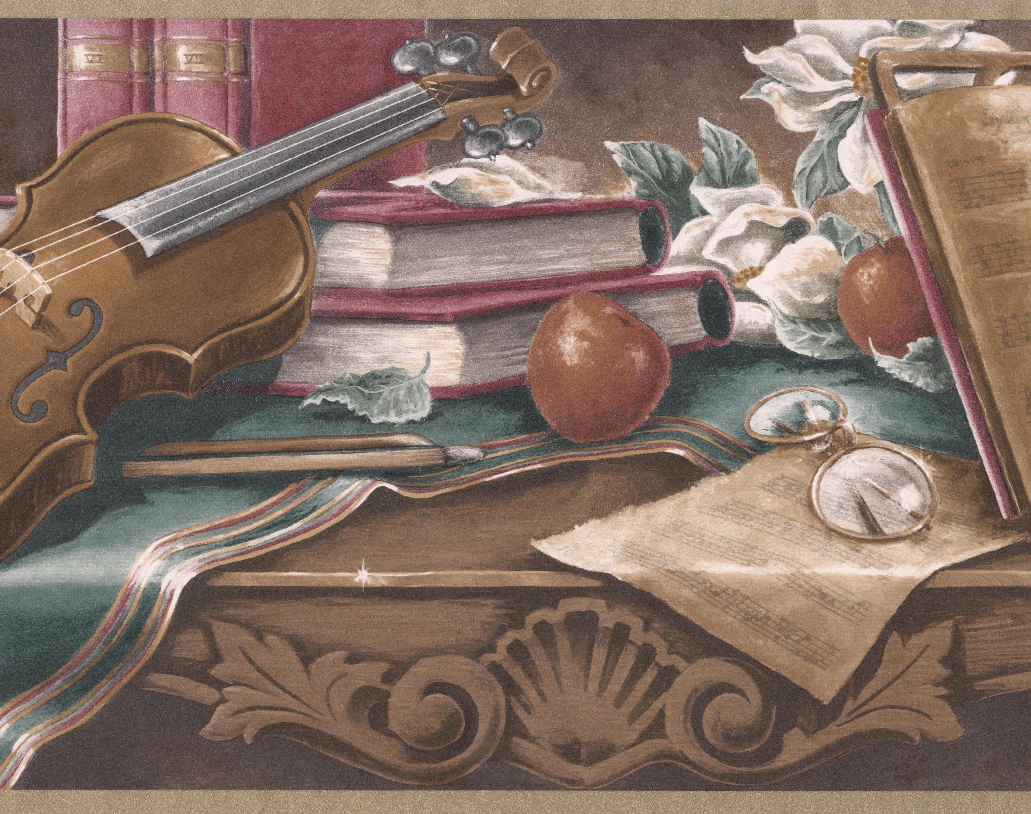 3419x2698 Vintage Musician Table Music Notebook Glasses Candles Wide Wallpaper Border Retro Design, Roll 15' x 9''