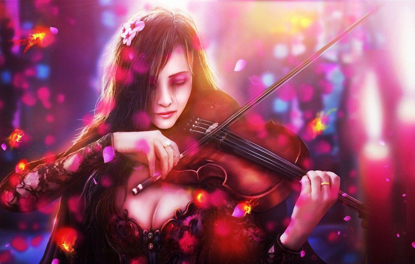 1332x850 Wallpaper sadness, girl, fish, flowers, violin, art image for desktop, section живопись