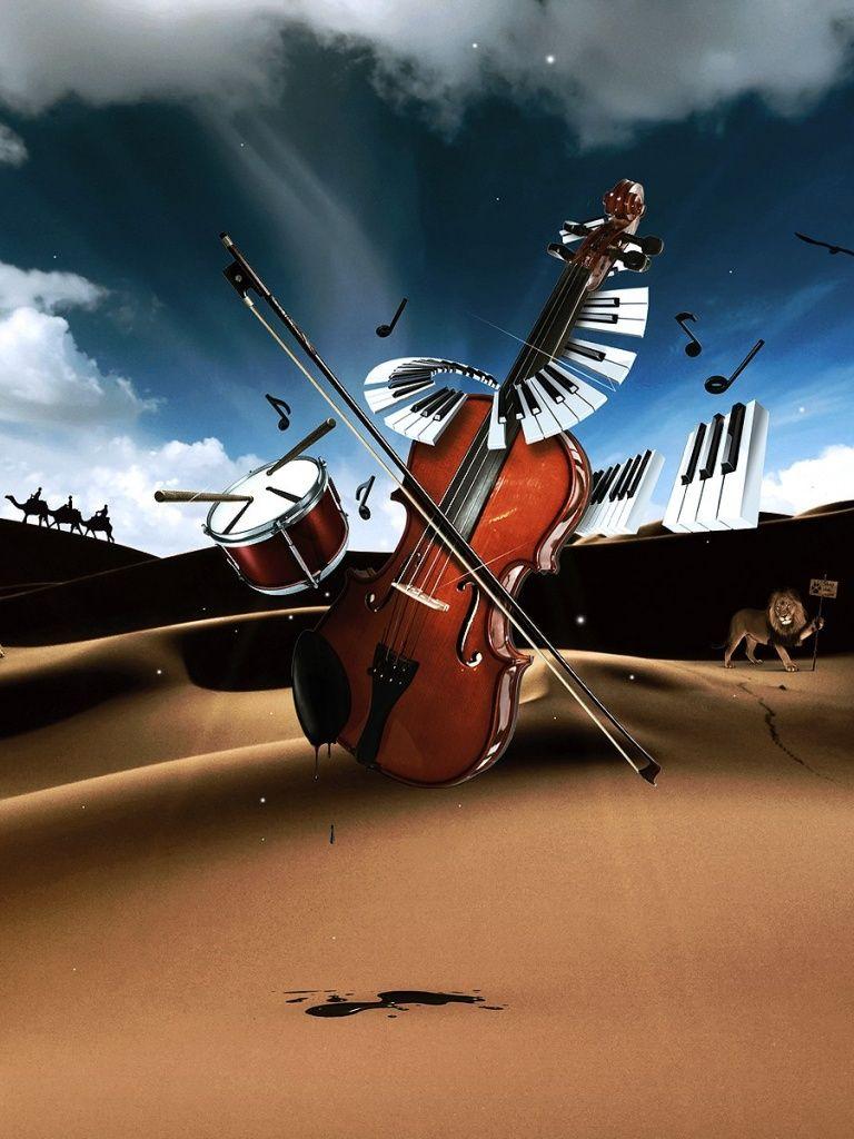 768x1024 Violin, landscape, art, digital iPad wallpaper