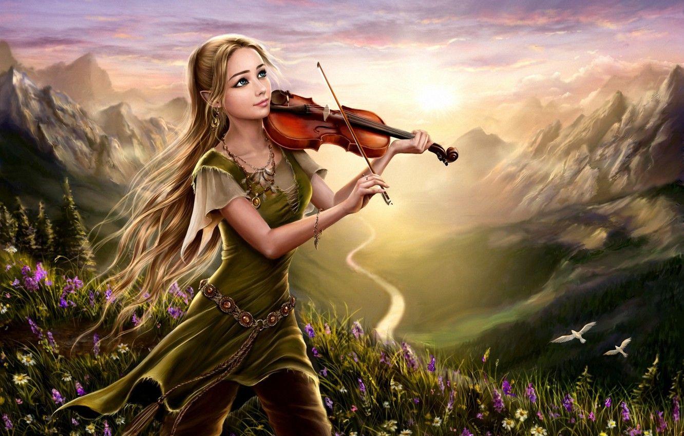 1332x850 Wallpaper girl, flowers, mountains, birds, nature, river, dawn, violin, hill, fantasy, art image for desktop, section фантастика