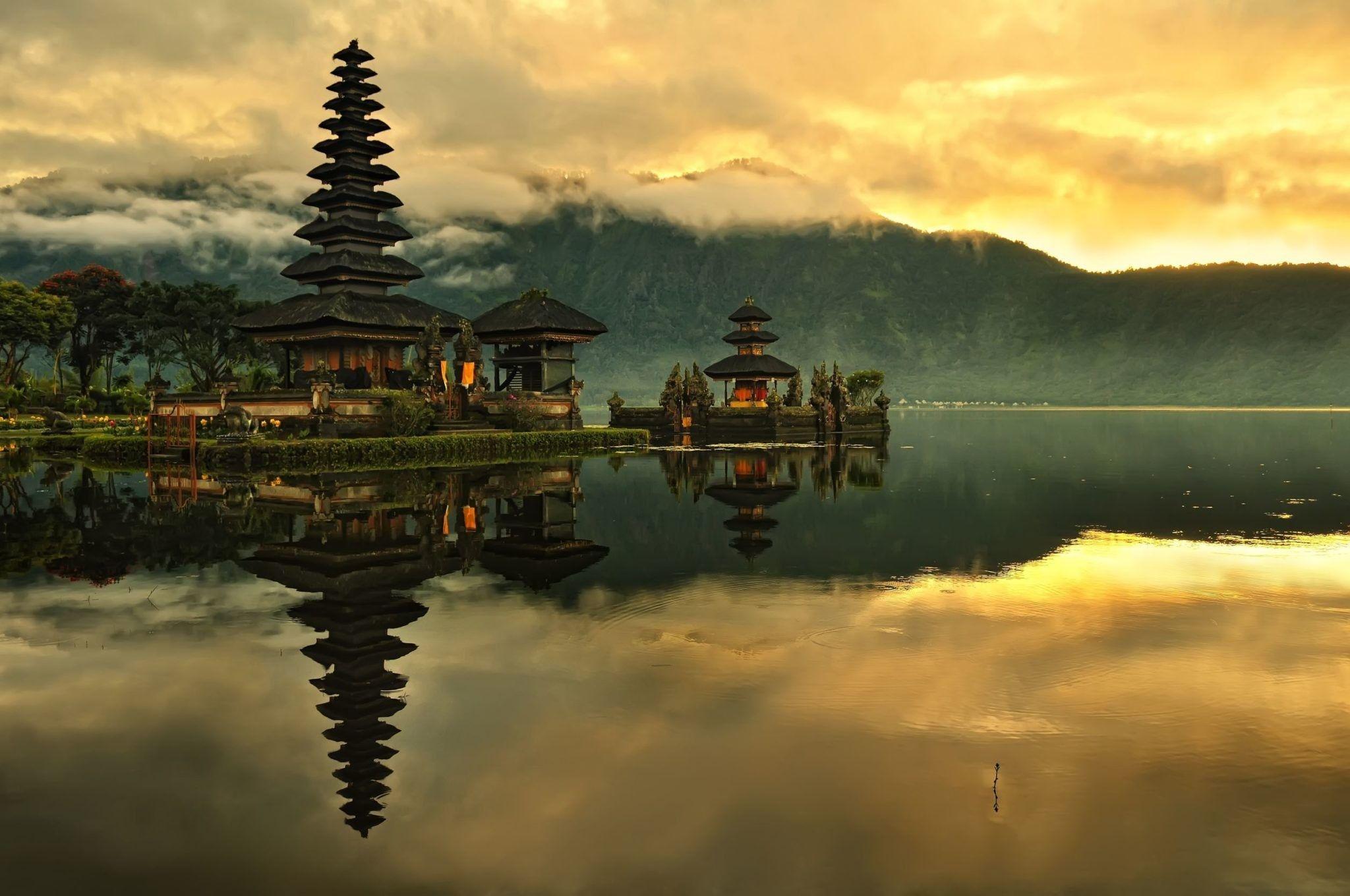 2048x1360 #water, #mist, #sunrise, #reflection, #trees, #lake, #Bali, #morning, #Indonesia, #island, #hills, #Asian architecture, #forest, #mountains, #temple, #nature, #clouds, #landscape, wallpaper