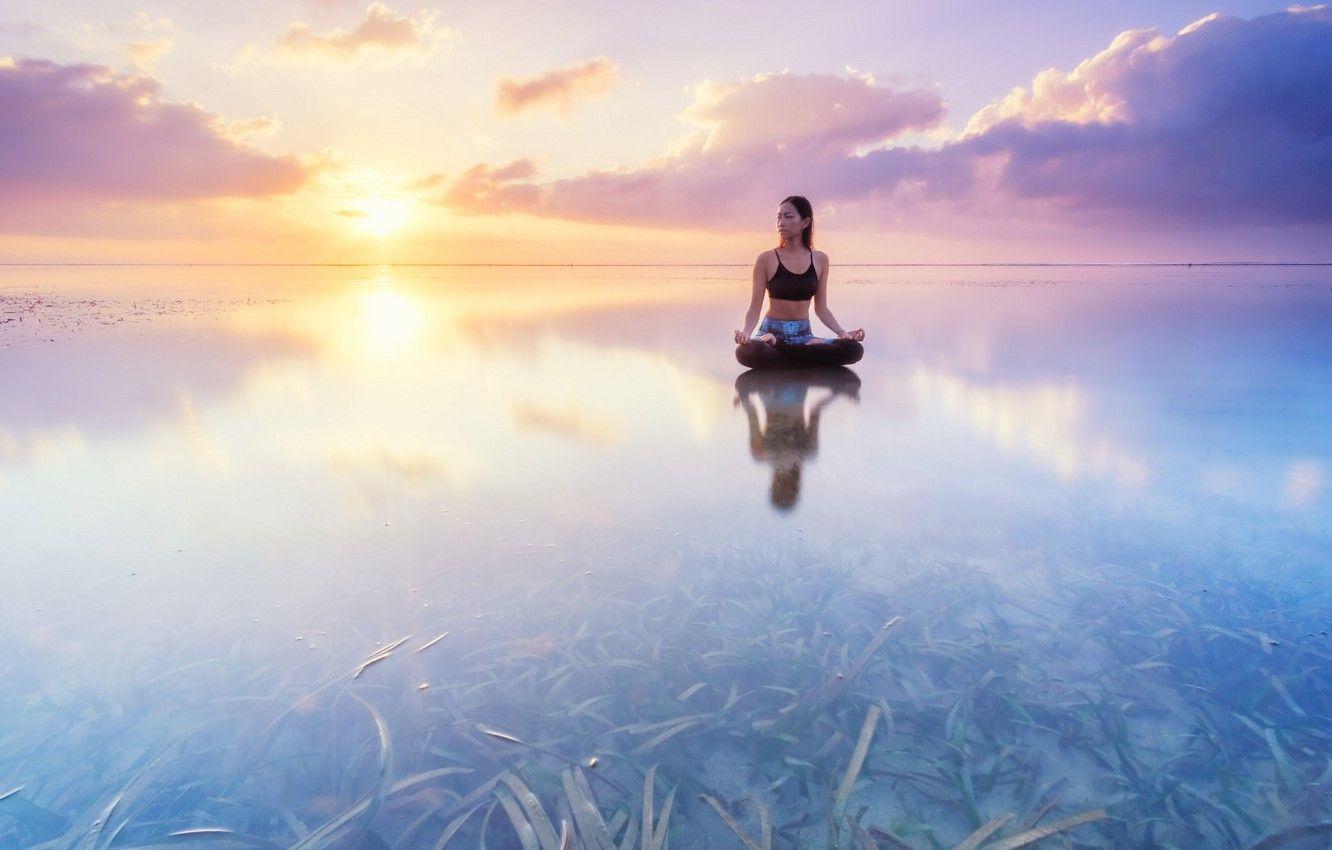 1332x850 Wallpaper water, girl, algae, reflection, sunrise, the ocean, dawn, Bali, Indonesia, yoga, asana, the Lotus position, The Indian ocean, Bali, Indonesia, Indian Ocean image for desktop, section ситуации