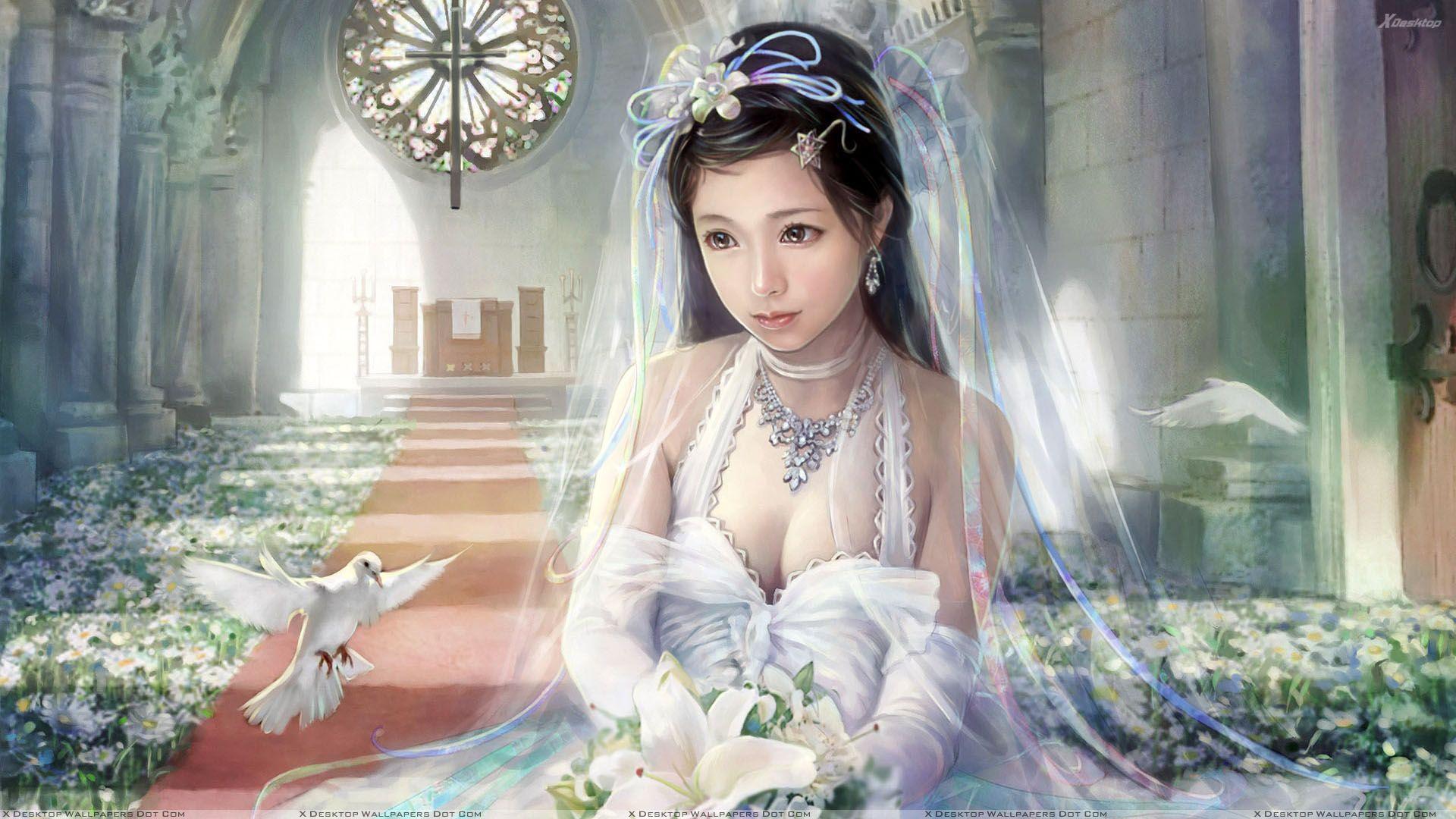 1920x1080 3D Little Girl In Wedding Dress Sitting In Church Wallpaper