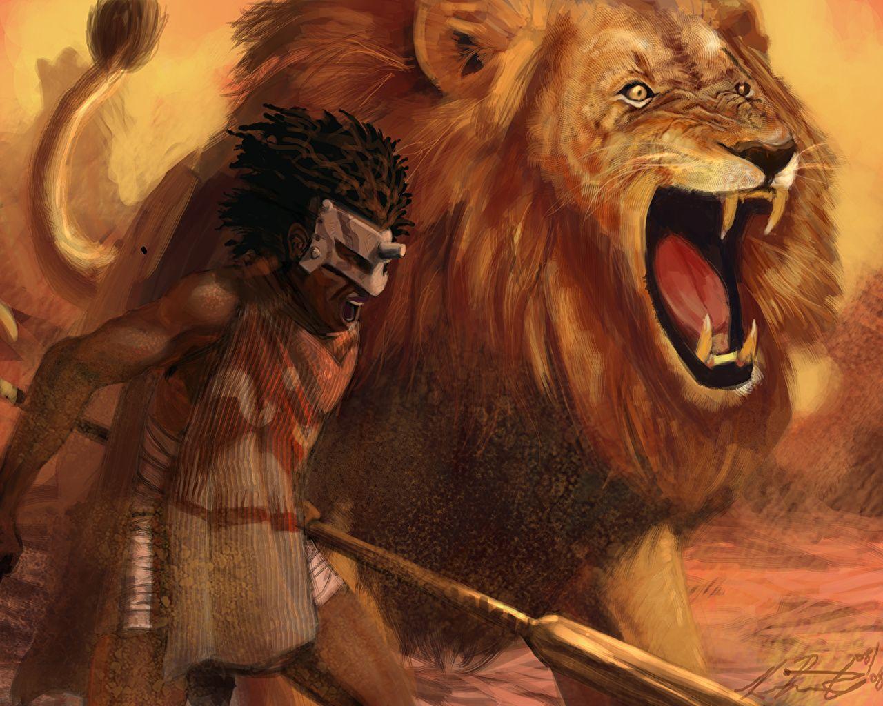 1280x1024 Wallpaper Lions Spear Warriors Fantasy Masks