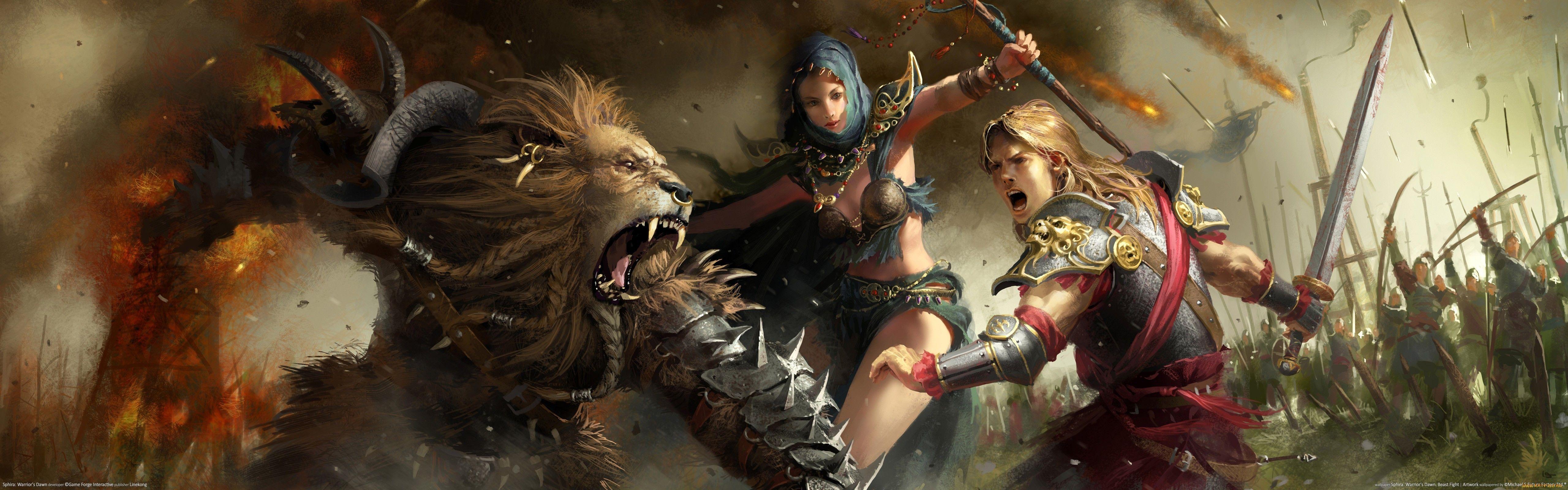 5120x1600 Wallpaper / artwork, warrior, women, lion, sword, war, fantasy art, digital art, painting, video games