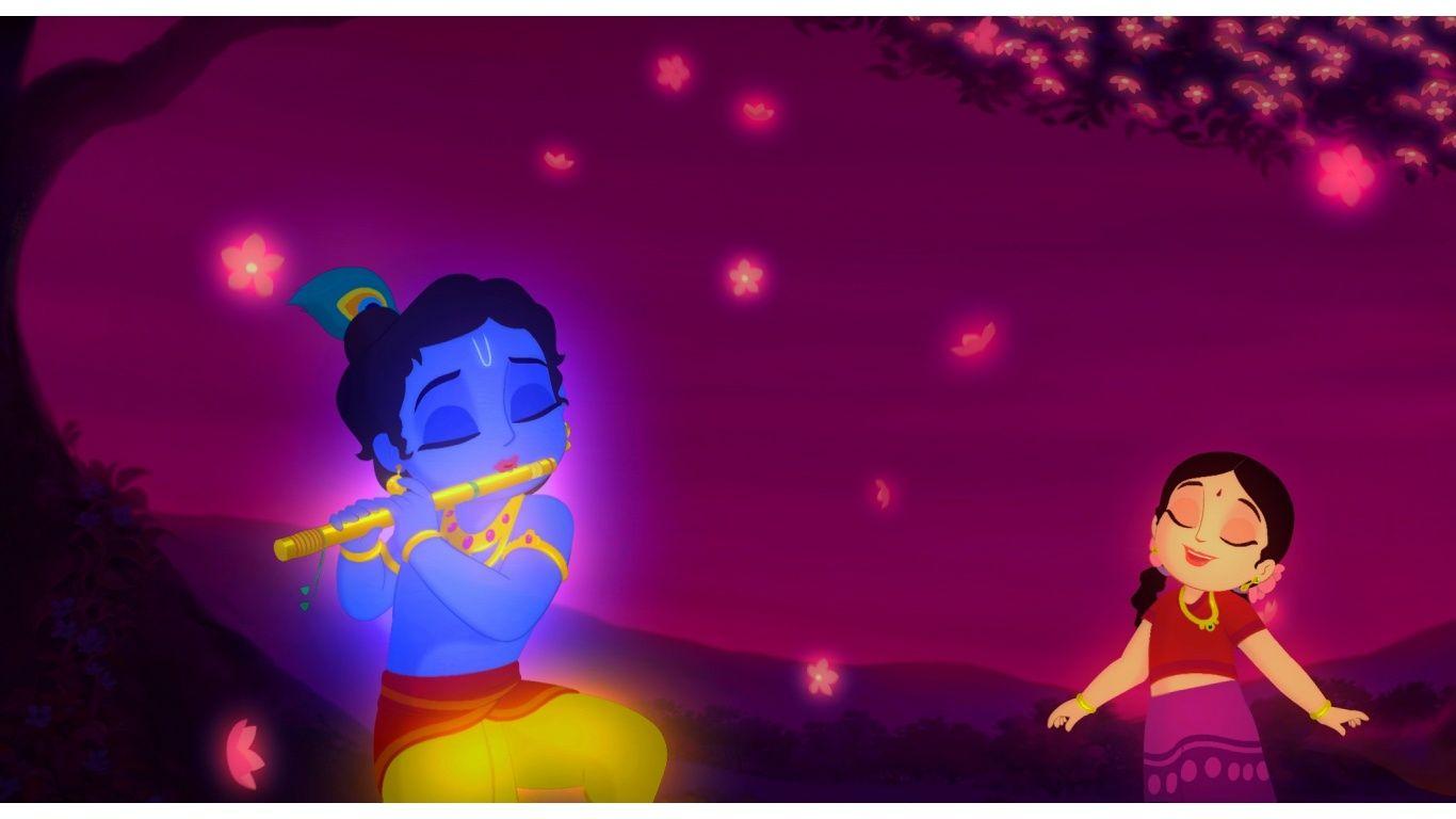 1366x768 Lord Krishna Playing Flute With Radha Wallpaper