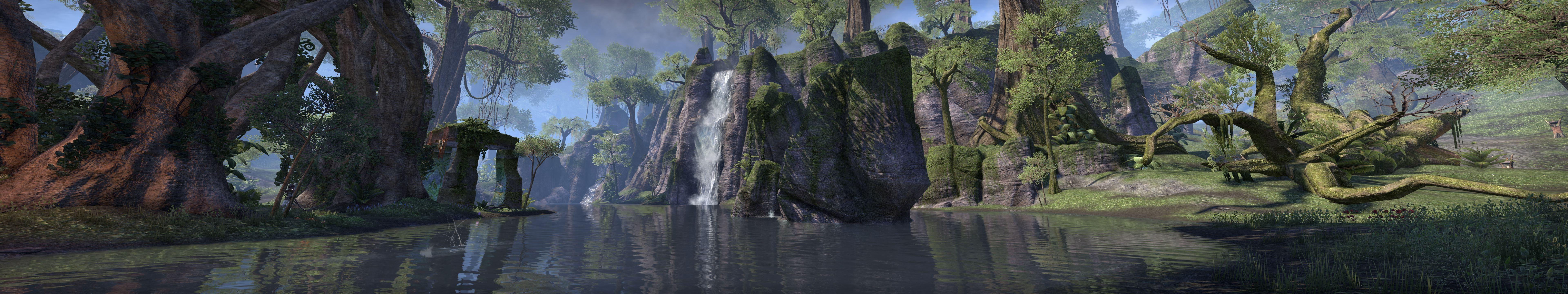 7680x1440 The Elder Scrolls Online, Quadruple Monitors, Water, Forest, Lake, Ruin Wallpaper HD / Desktop and Mobile Background