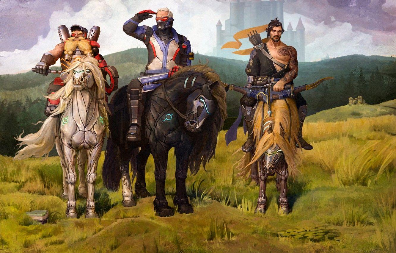 1332x850 Wallpaper horses, heroes, soldier, blizzard, fan art, Hanzo, three heroes, overwatch, Torbjörn, Jack Morrison, Hanzo Shimada, Torbjörn Lindholm image for desktop, section живопись
