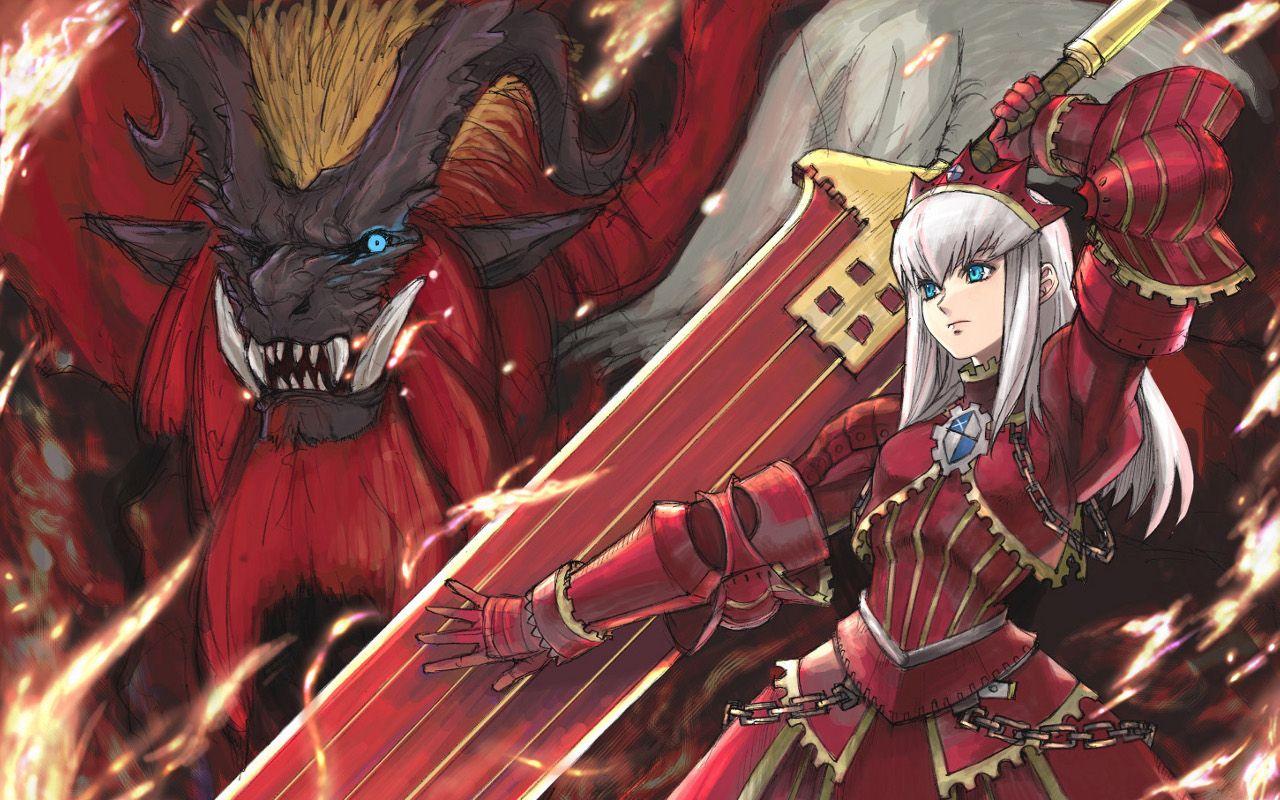 1280x800 demons, horns, weapons, Monster Hunter, armor, anime, white hair, swords, Teostra wallpaper