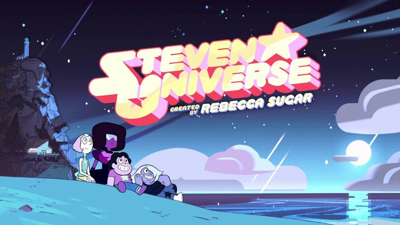 1280x720 Steven Universe Amethyst Garnet Pearl Sitting On Beach With Background Of A Light House On Top Of Mountain Moon Stars Clouds During Night Time HD Movies Wallpaper