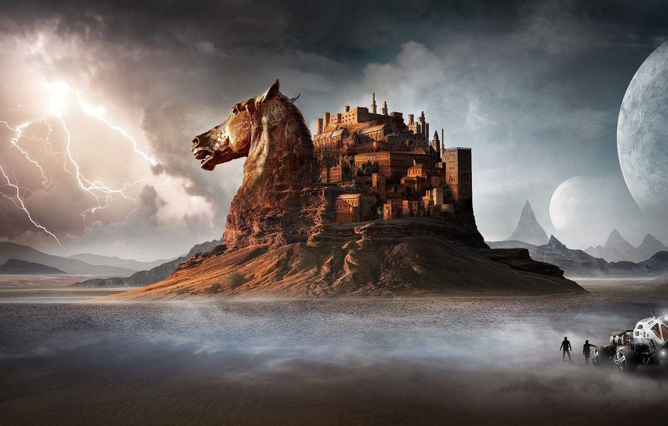 1332x850 Wallpaper the storm, mountains, people, castle, horse, lightning, desert, horse, head, car image for desktop, section фантастика