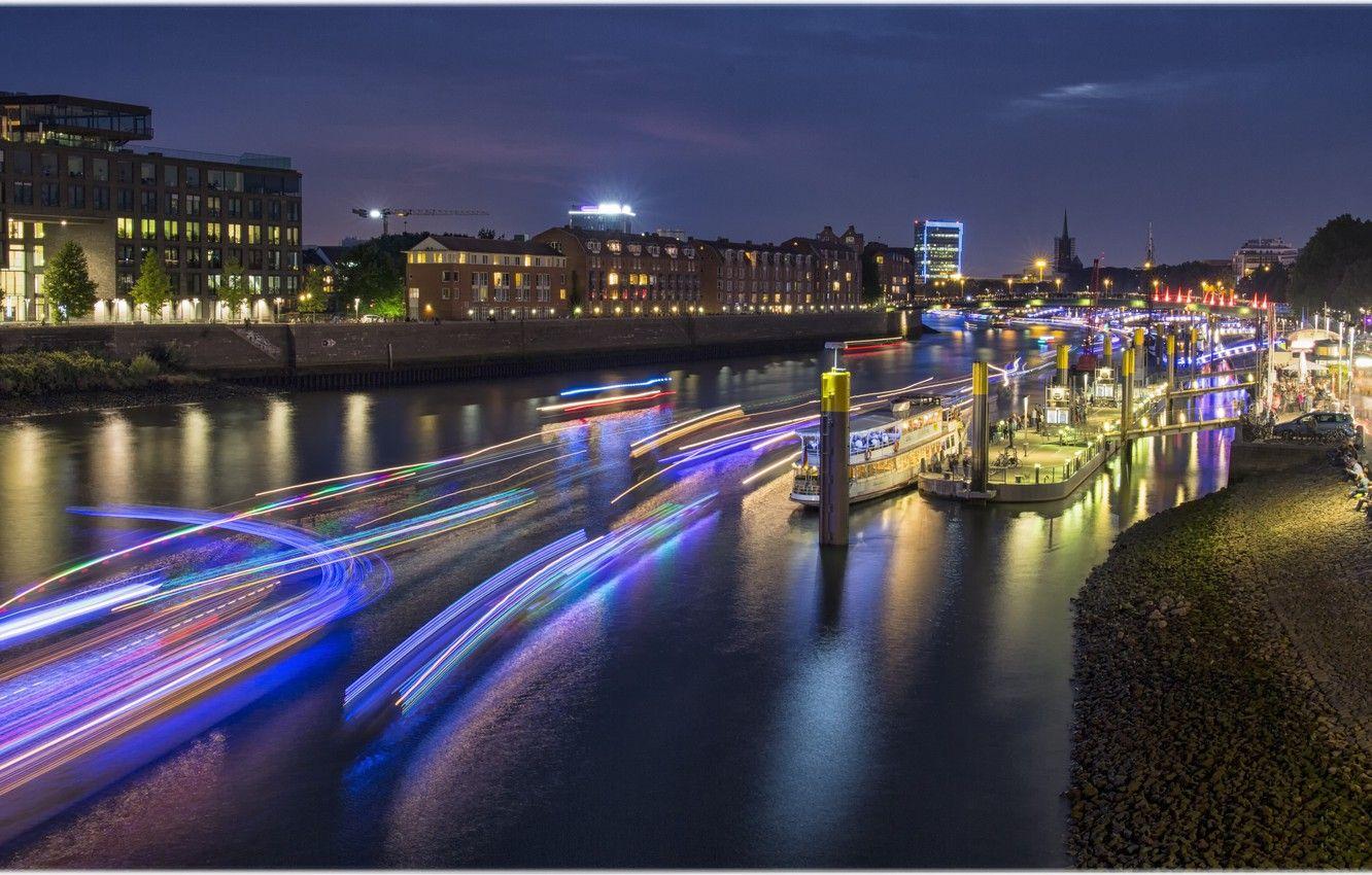 1332x850 Wallpaper night, lights, river, Germany, skyline, Germany, Bremen, The District Of Mitte image for desktop, section город