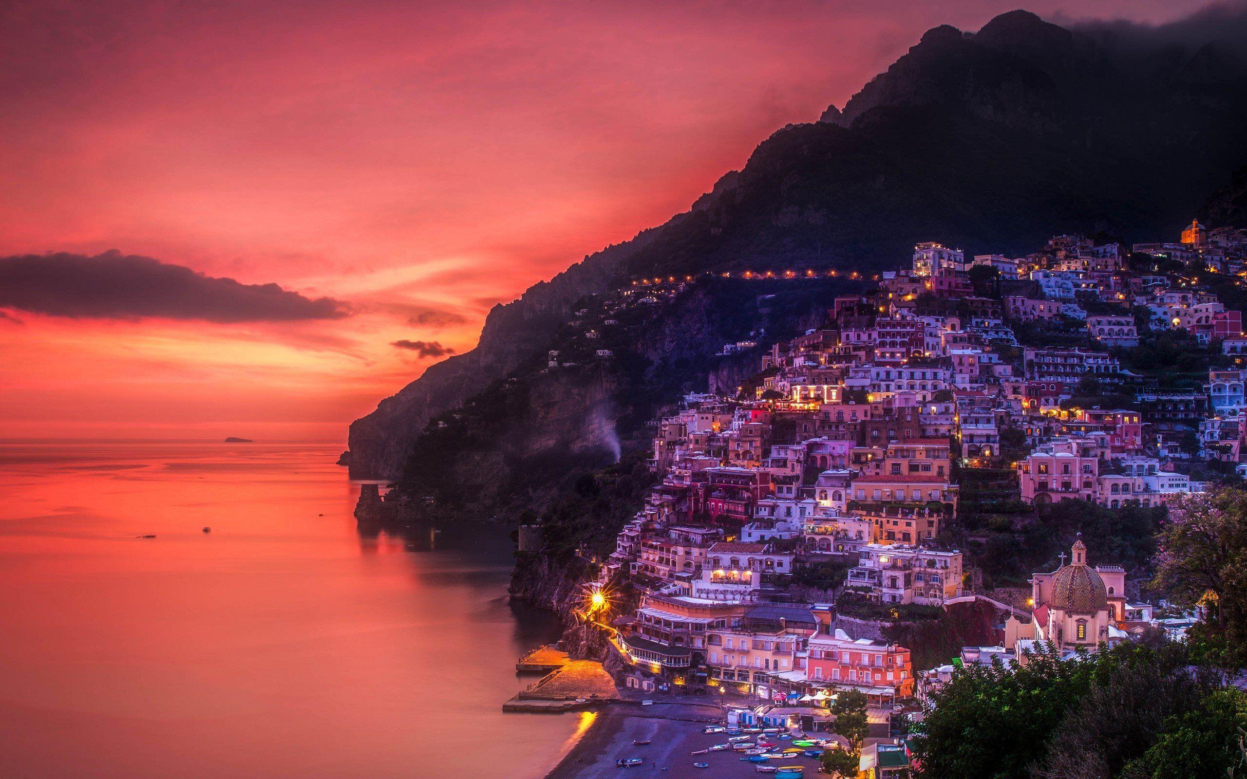 2560x1600 Download wallpaper sunset, town, positano, sea, evening, mountain, italy for desktop with resolution 2560x1600. High Quality HD picture wallpaper