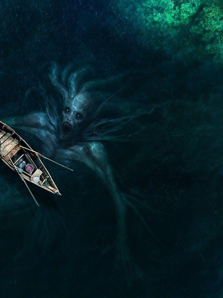 768x1024 Download 768x1024 Ocean Monster, Creature, Boat, Top View Wallpaper for Apple iPad Apple iPad Mini