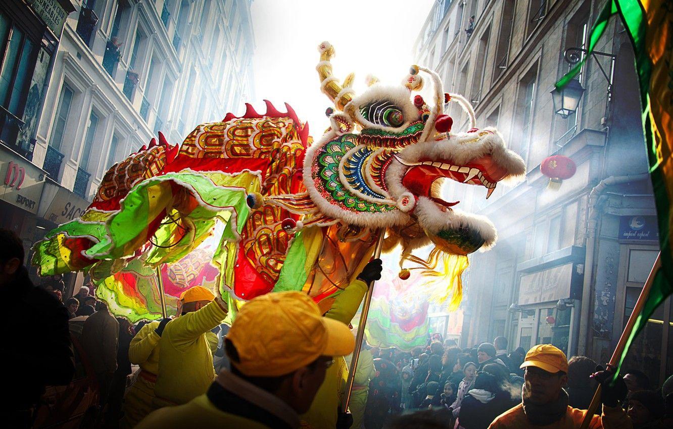 1332x850 Wallpaper people, street, dragon, China, Chinese New Year image for desktop, section праздники
