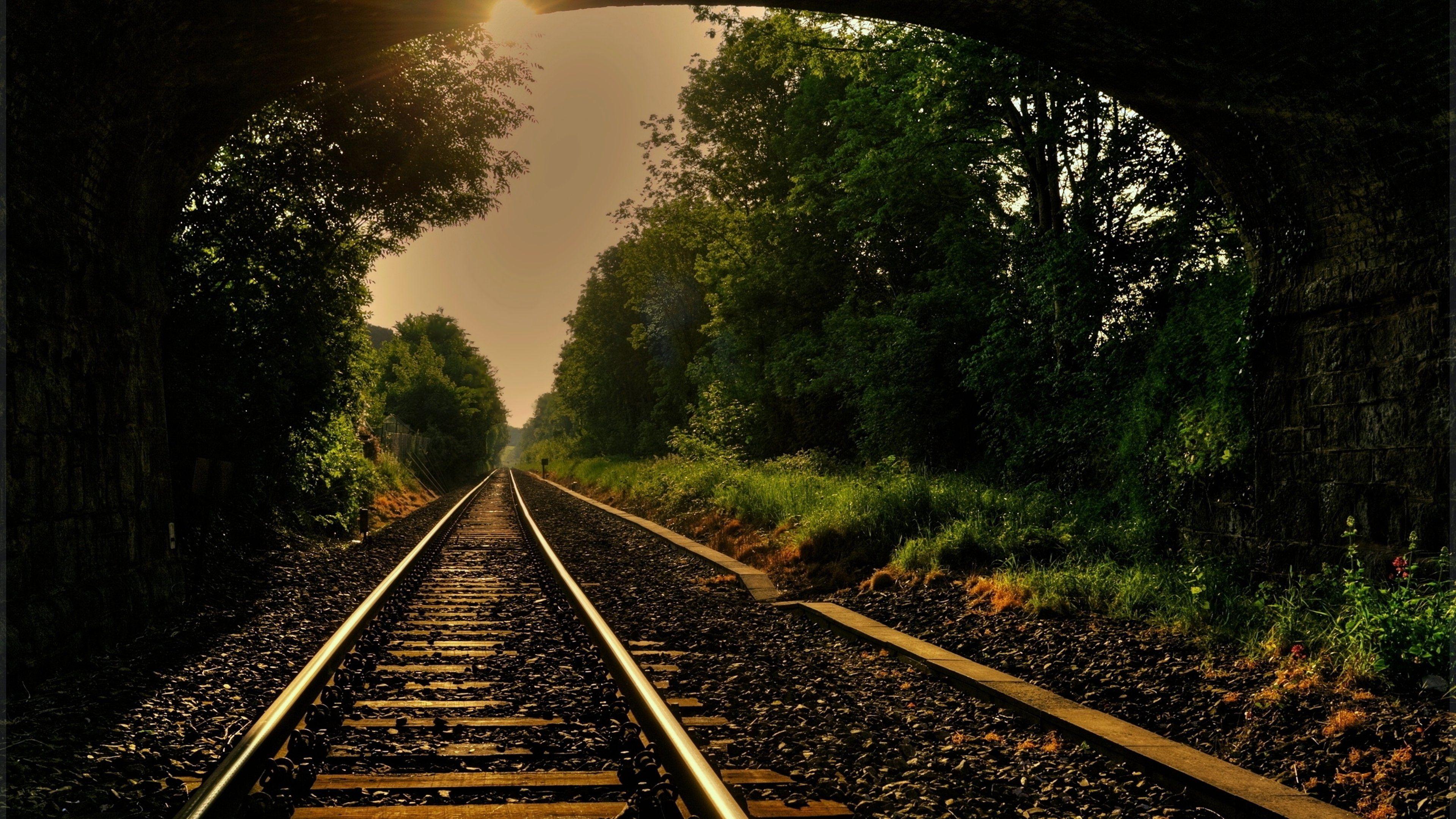 3840x2160 Countryside trees sky clouds green forest jungle Railroad landscapes nature earth bridge sun wallpaperx2160