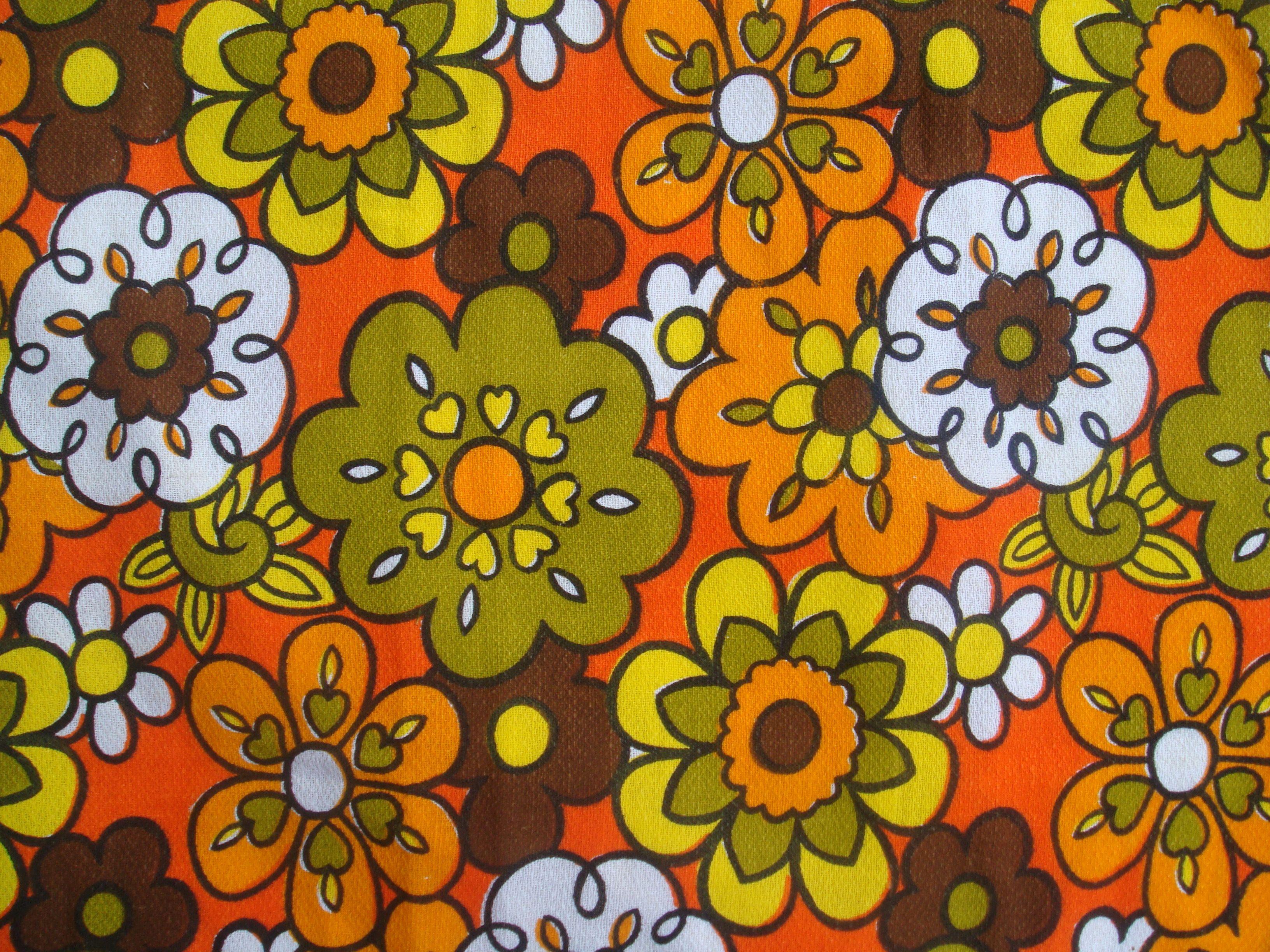 3264x2448 Orange Floral Vintage 60s Handmade Cushion Cover Black Retro Flower Fabric HD Wallpaper