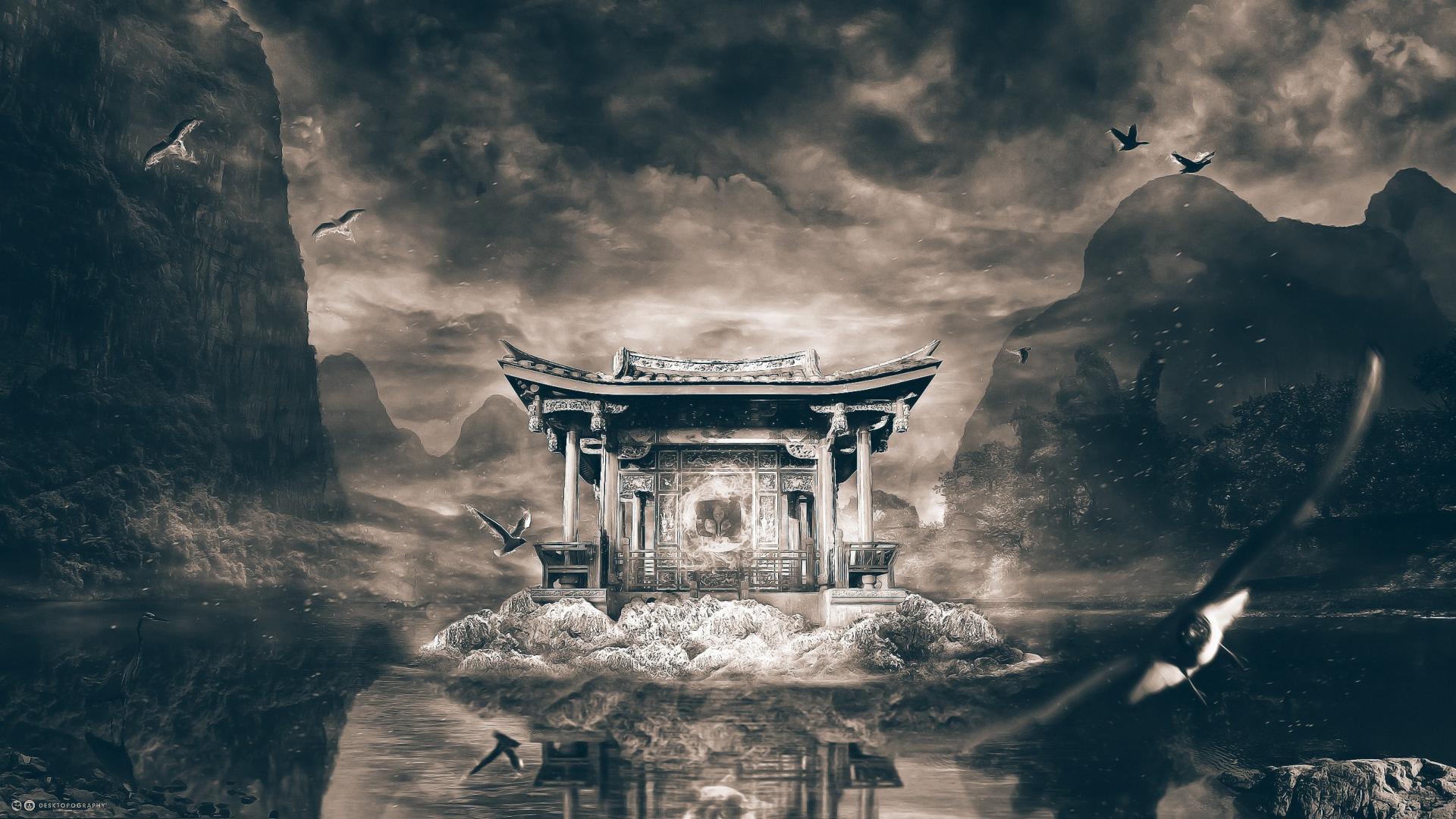 1920x1080 China temple birds birth concept art wallpaper