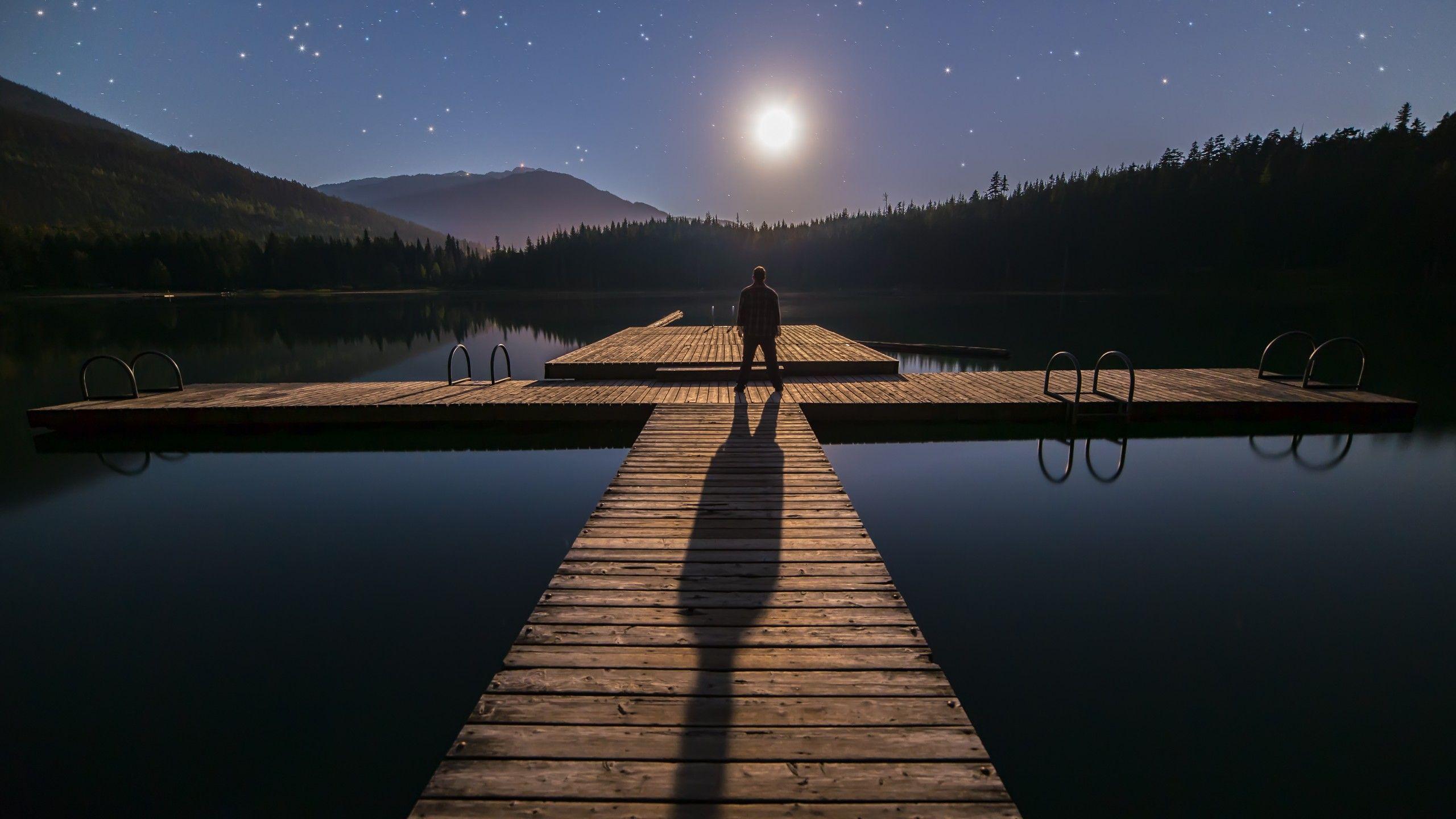 2560x1440 Wallpaper Alone, Stars, Dock, Dusk, Man, Mountains, Forest